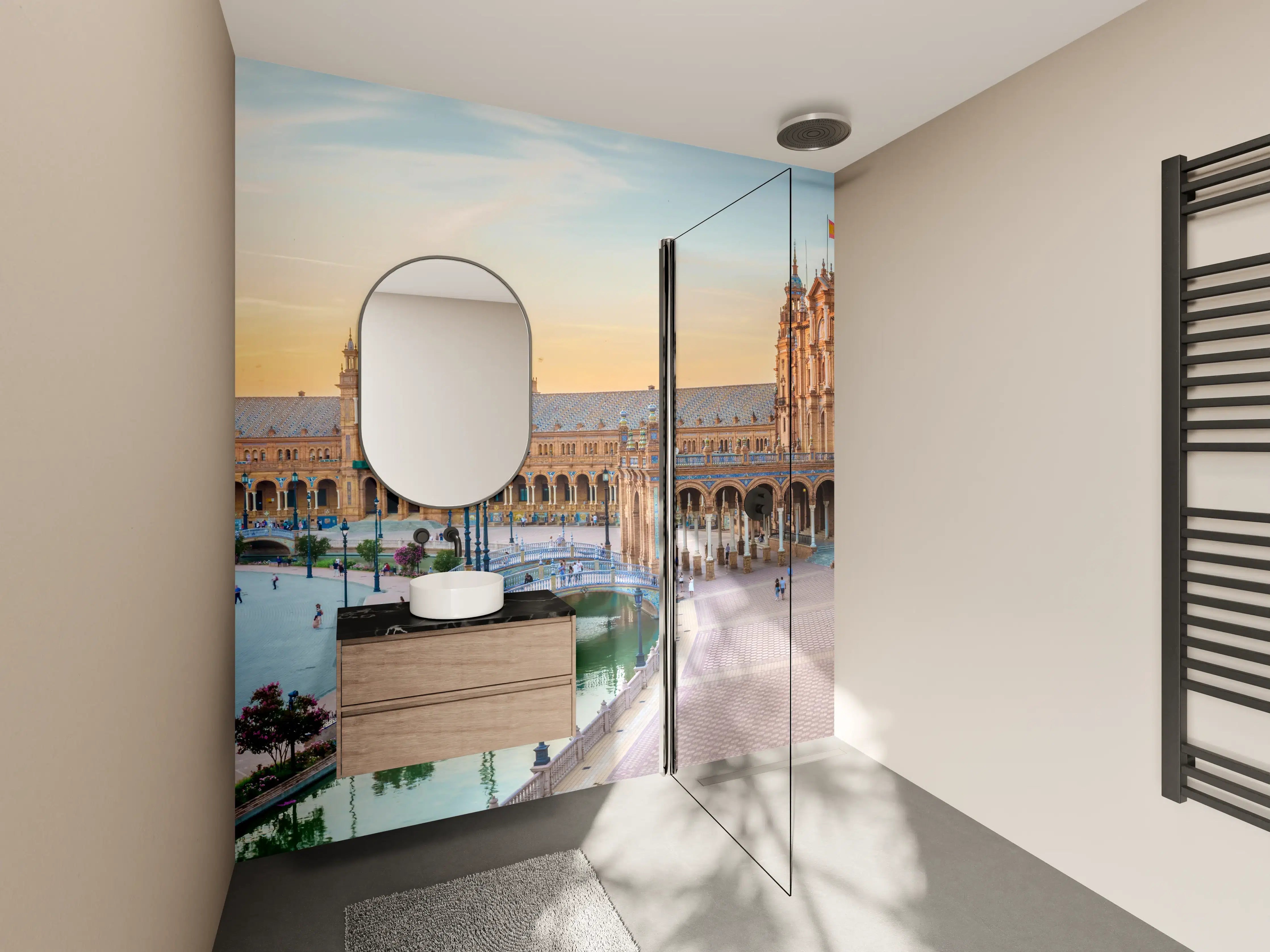 Wandverkleidung Bad - Spanisches Platzpanorama bei Sonnenuntergang