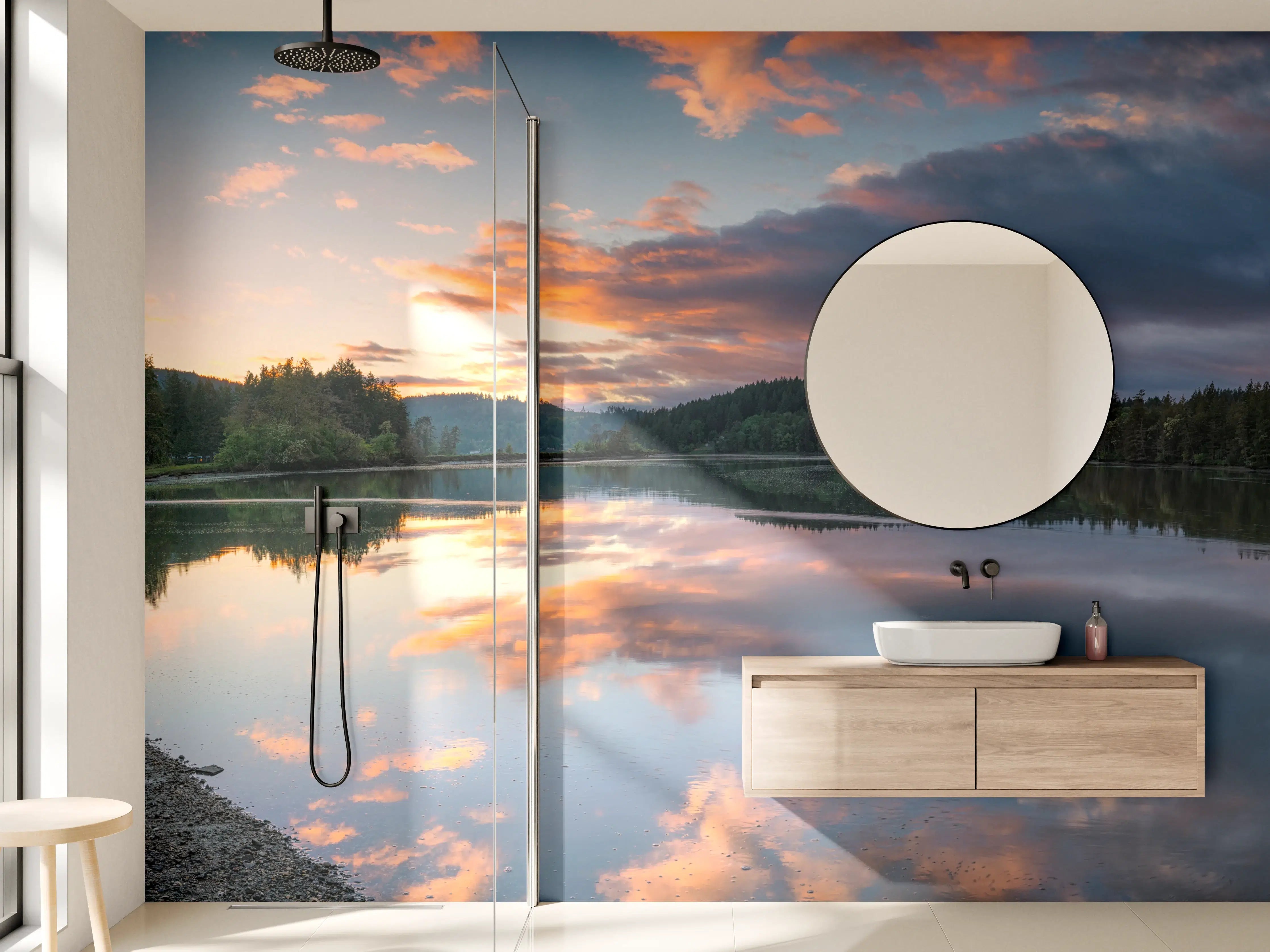 Wandverkleidung Bad - Spiegelnder See im Sonnenuntergang