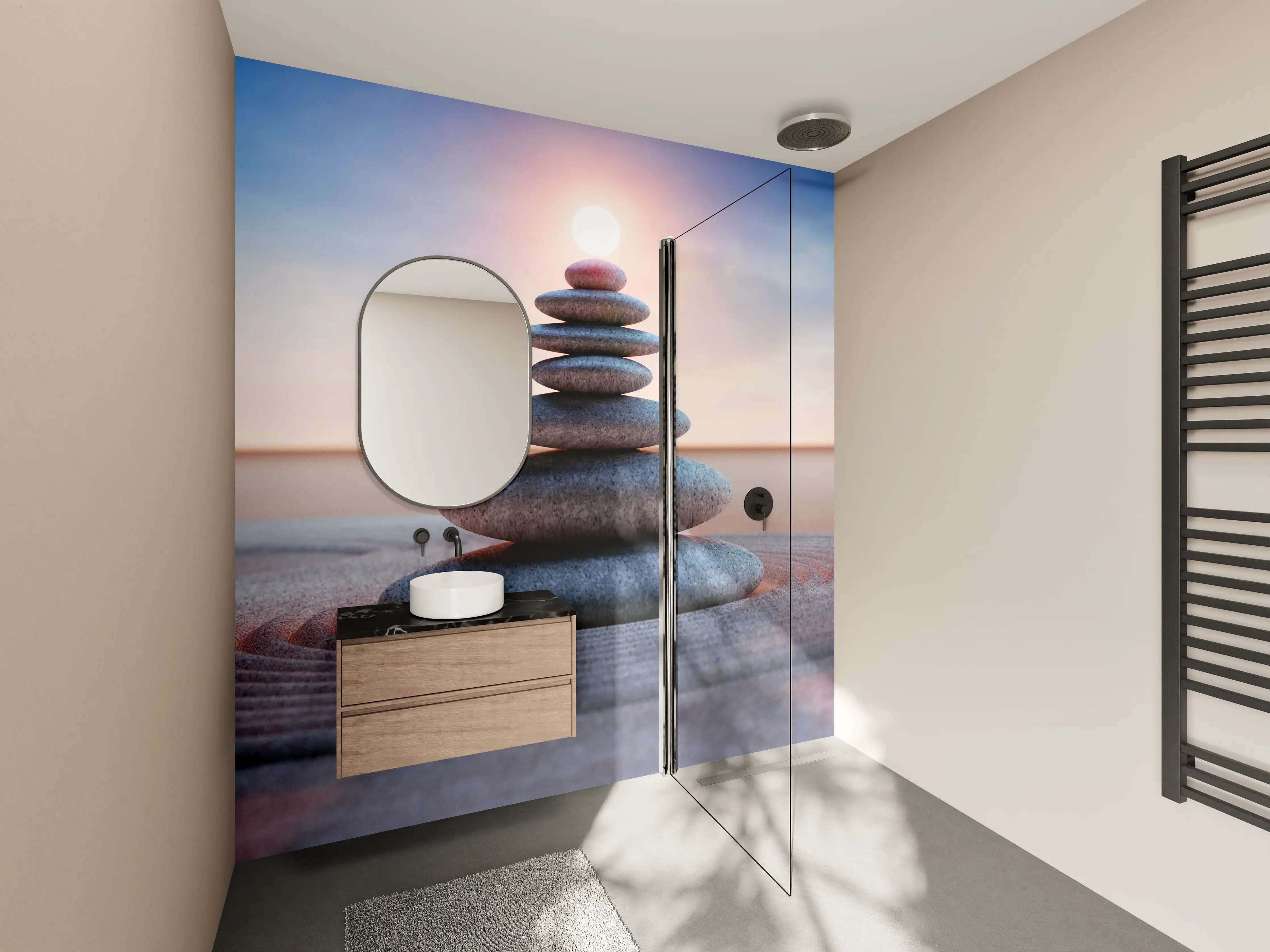 Wandverkleidung Bad - Spiritueller Steinturm mit Sonne