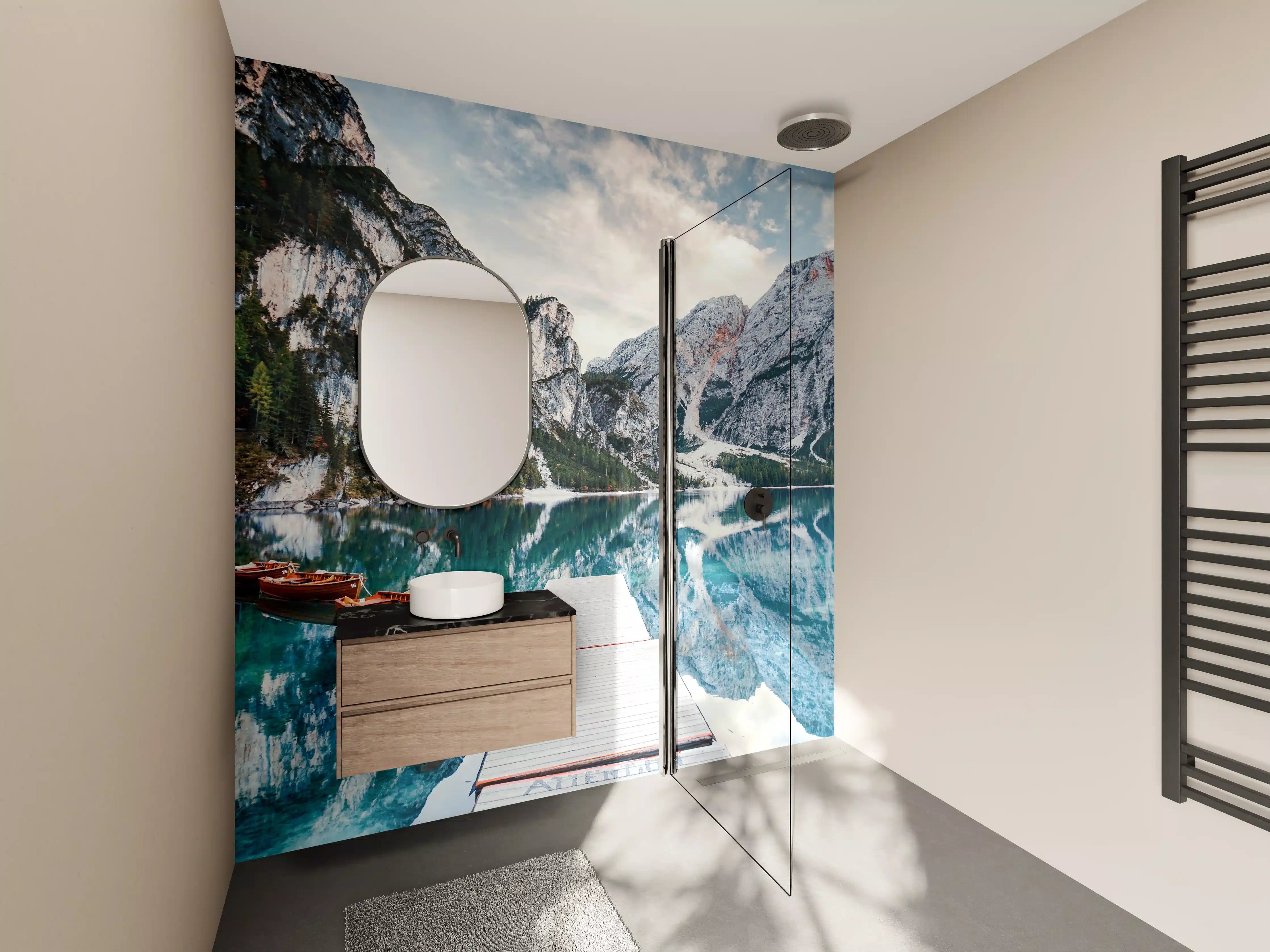 Wandverkleidung Bad - Steg am Bergsee mit Booten
