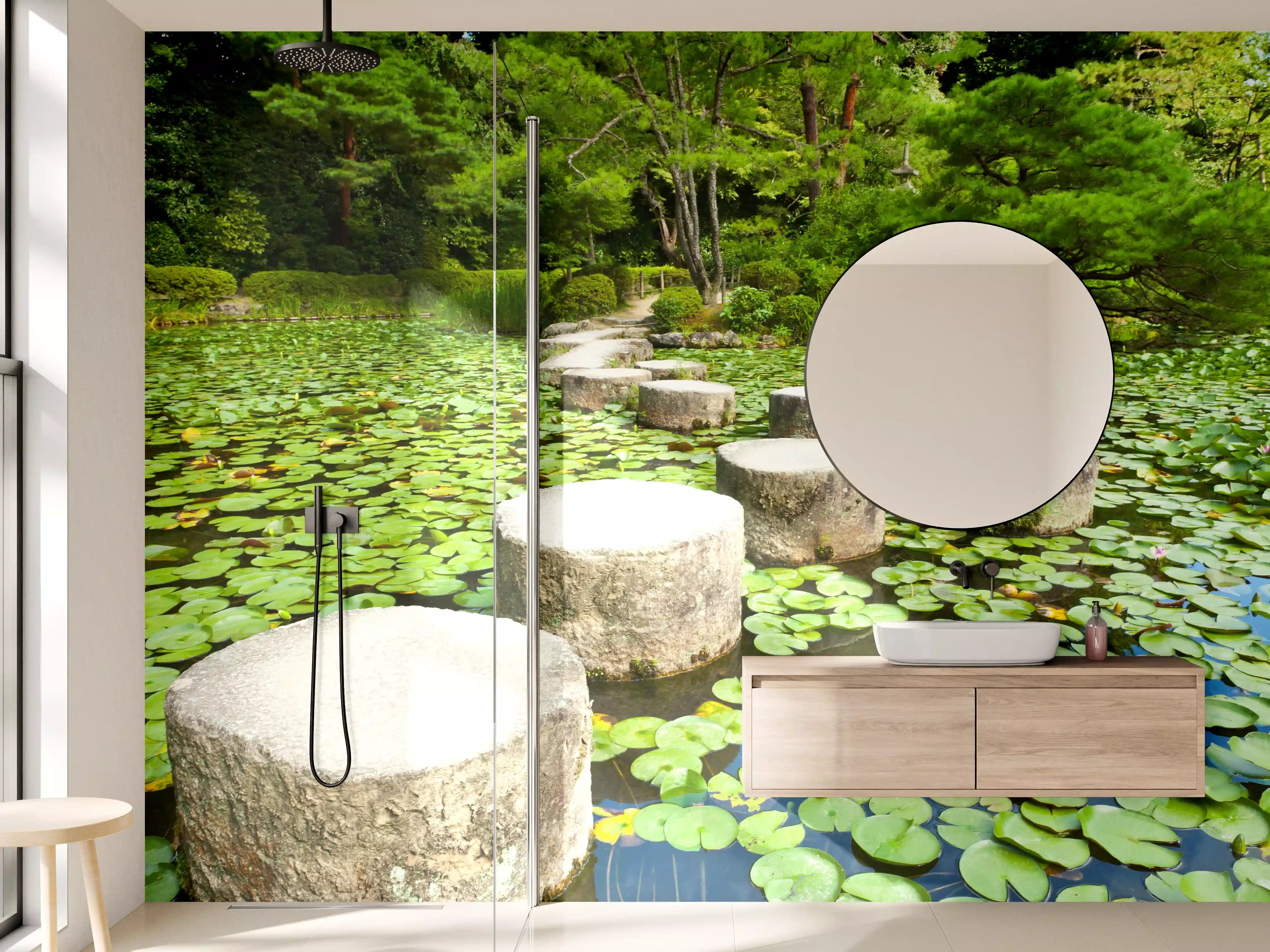 Wandverkleidung Bad - Stein-Zen-Pfad umhüllt von Wasserpflanzen