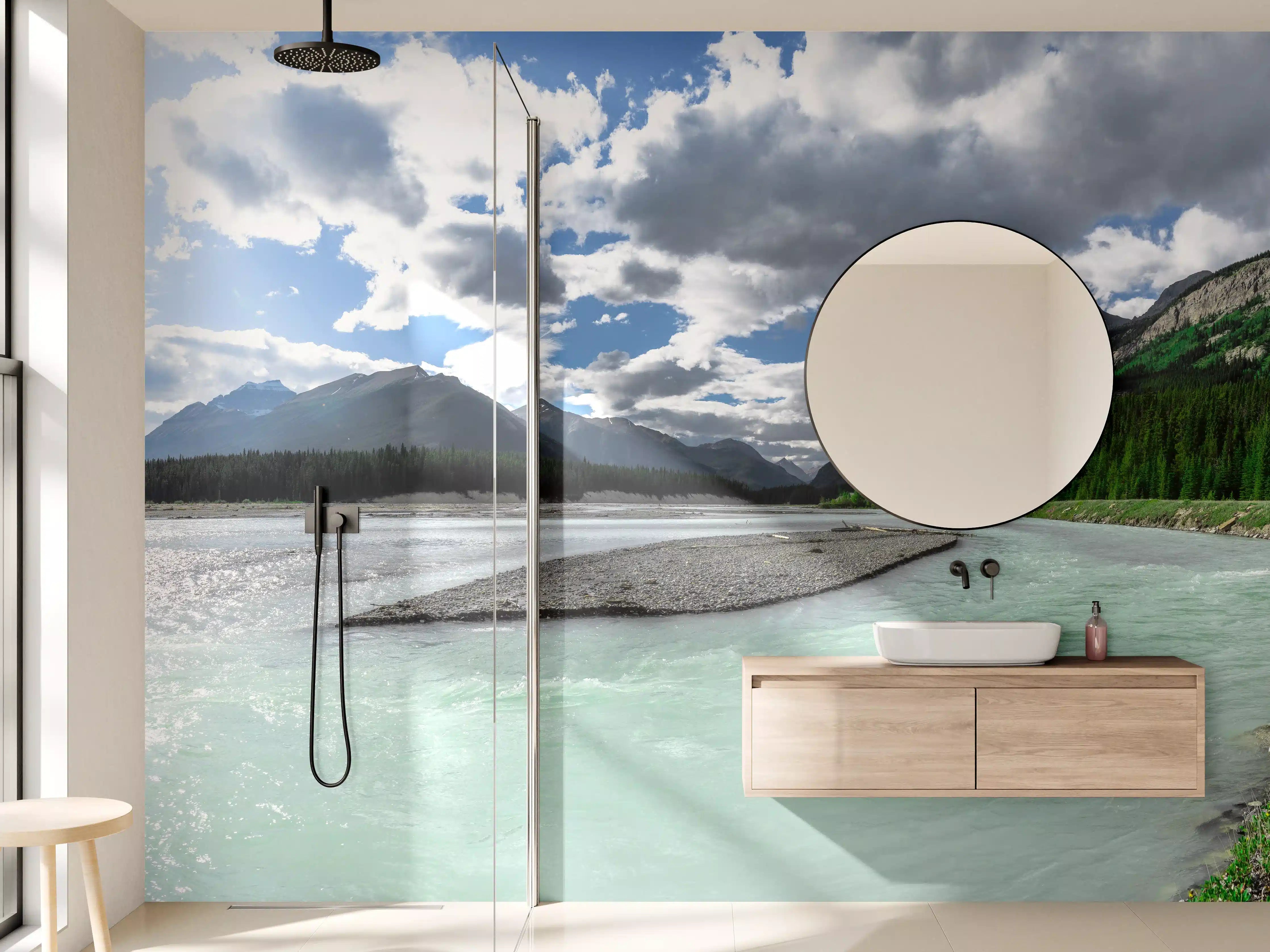 Wandverkleidung Bad - Steinlandschaft auf dem Wasser in Banff