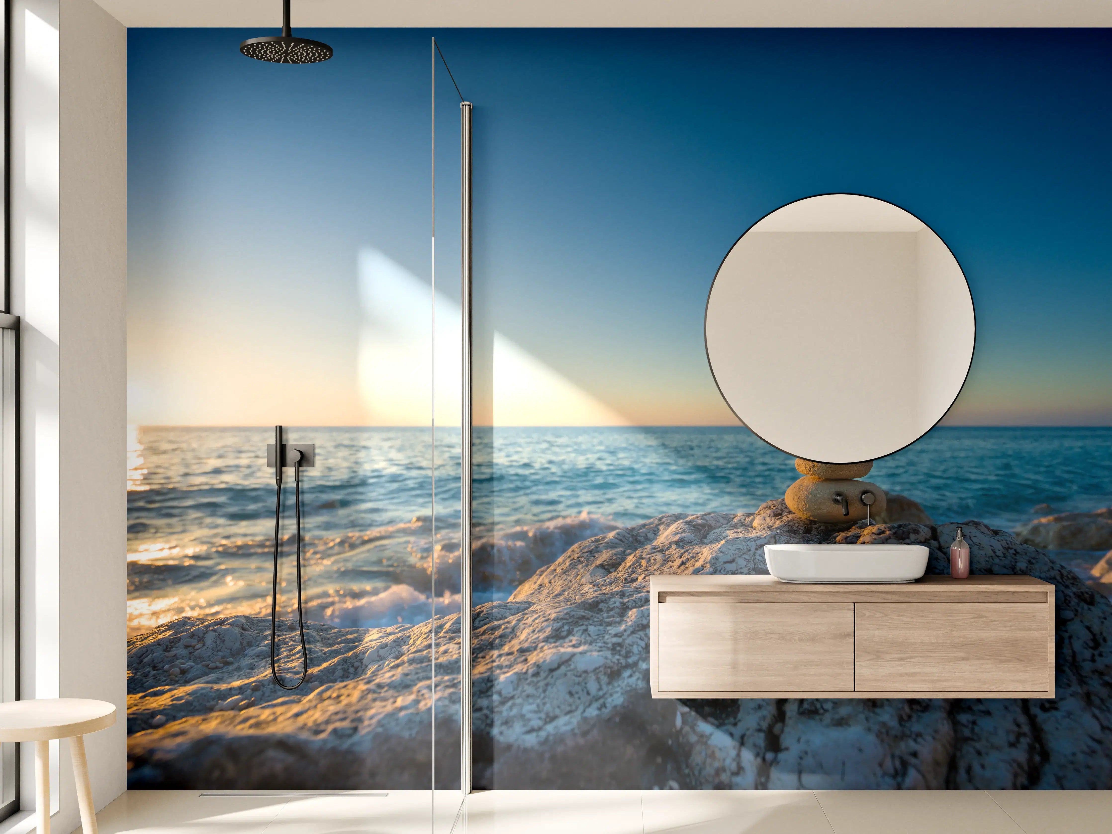Wandverkleidung Bad - Steinmandala am Meer bei Sonnenuntergang