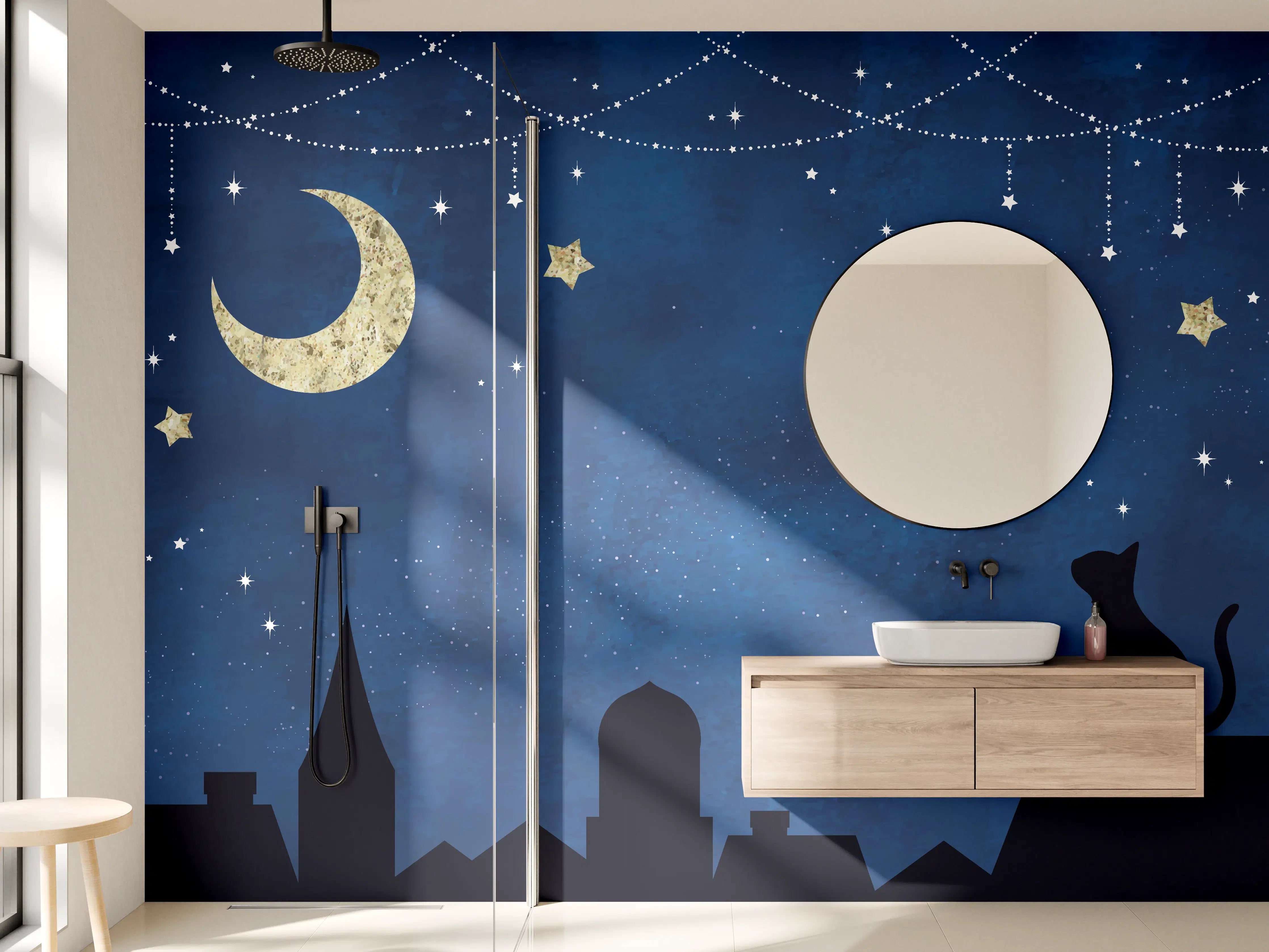 Wandverkleidung Bad - Sternennacht Katzen Silhouette