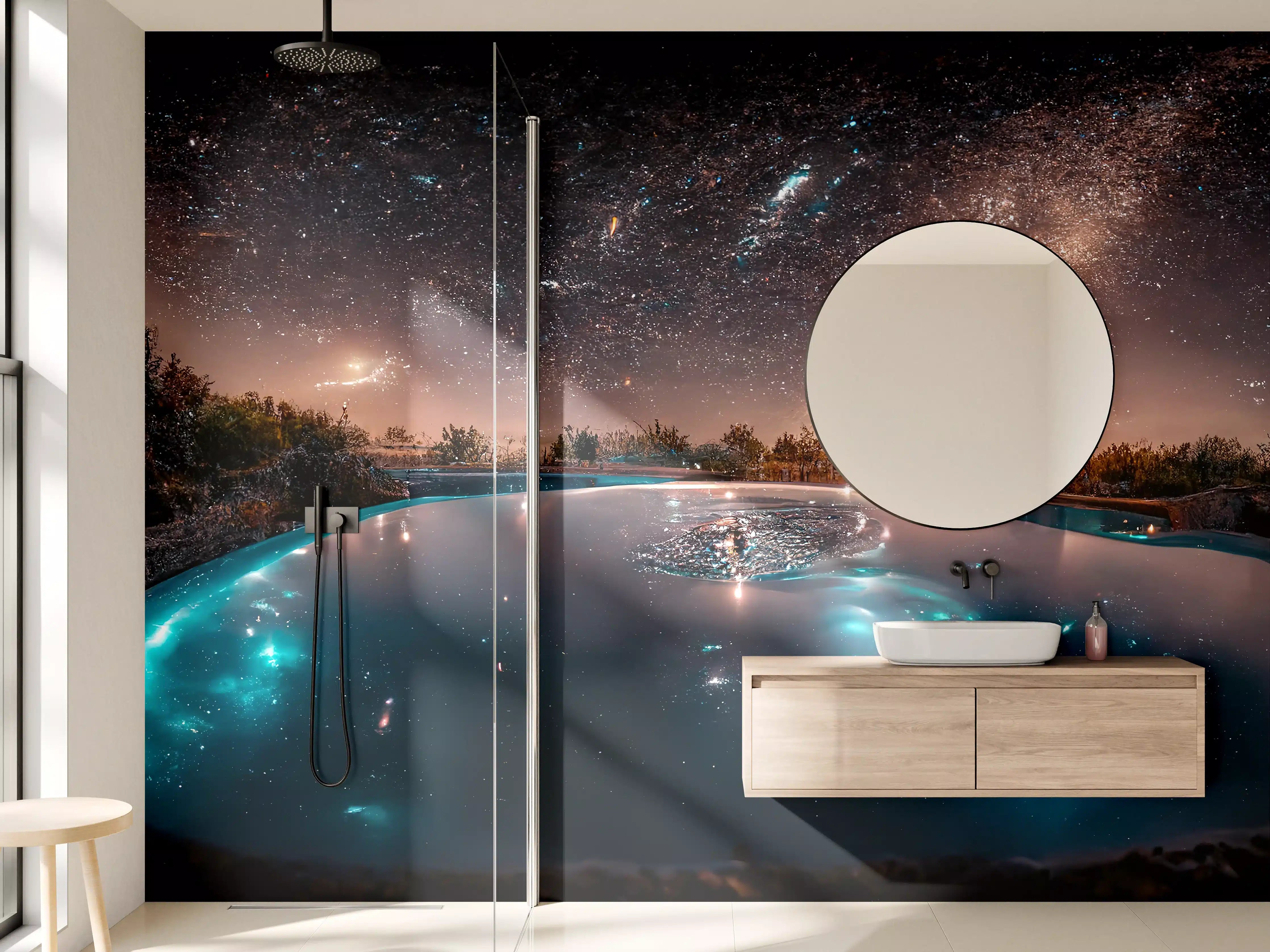 Wandverkleidung Bad - Sternennacht Spiegelung See