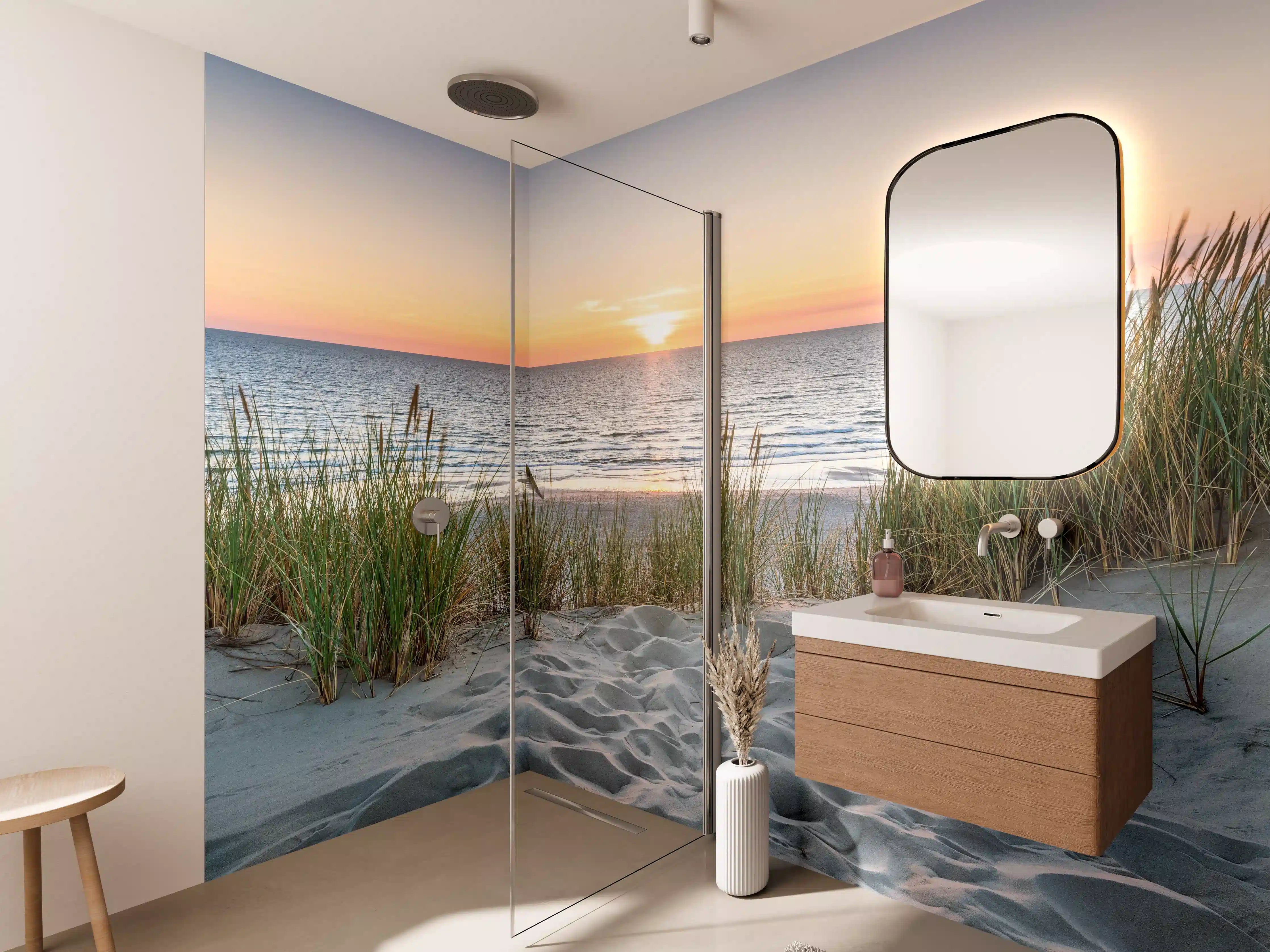 Wandverkleidung Bad - Strand bei Sonnenuntergang mit Gräsern