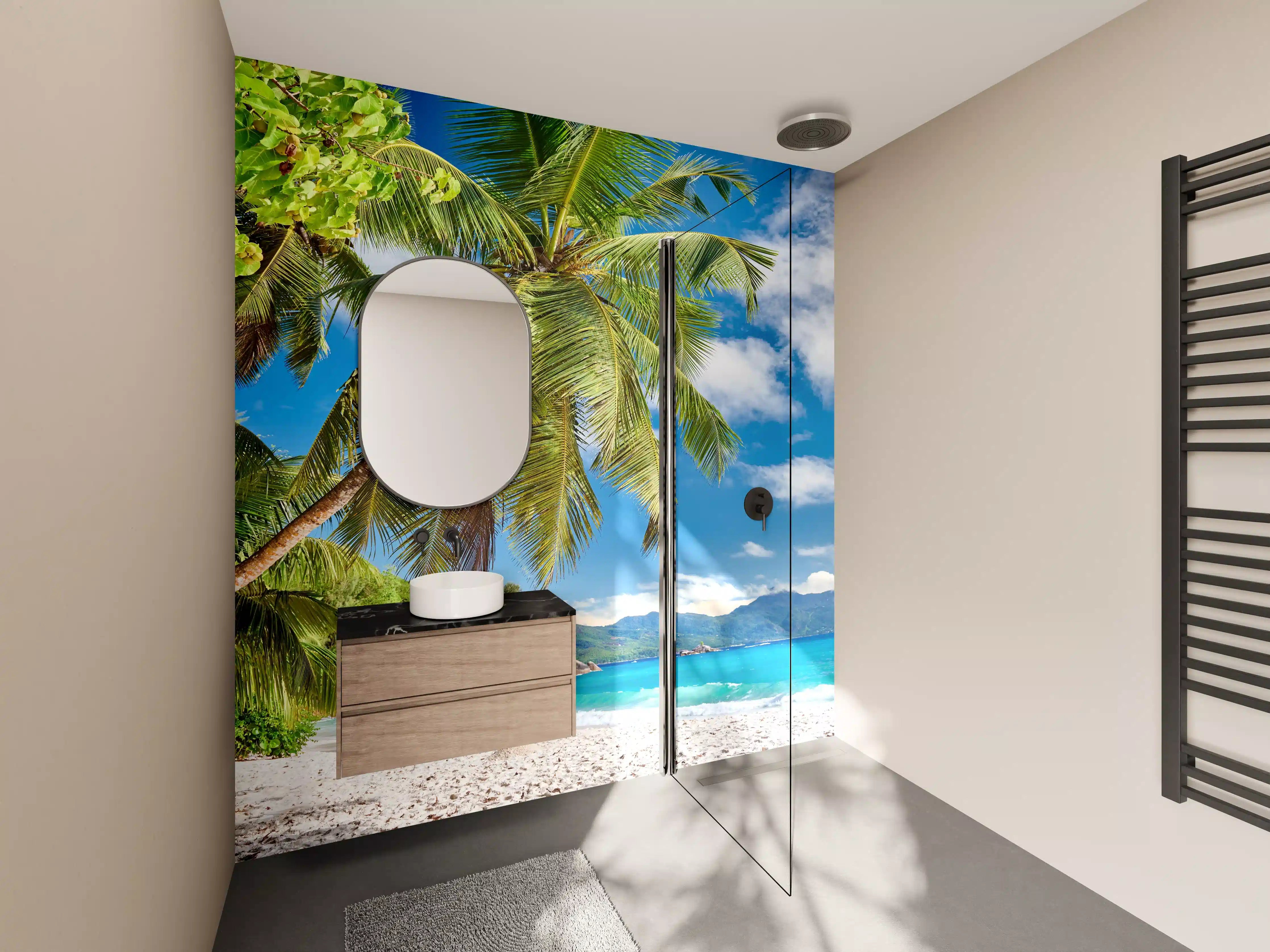 Wandverkleidung Bad - Strand mit Palmen und blauer See