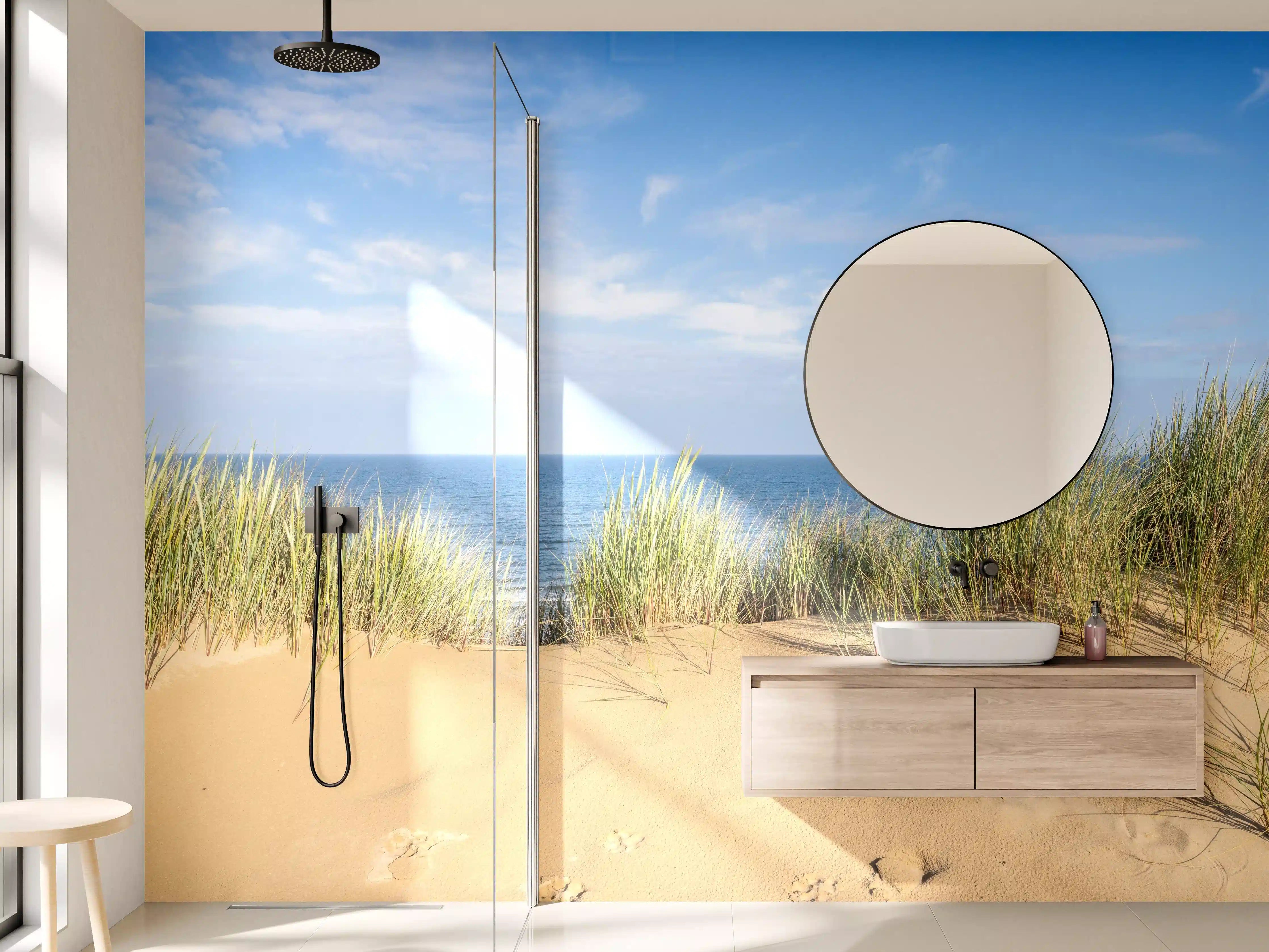 Wandverkleidung Bad - Strand mit Sanddünen und Meeresblick