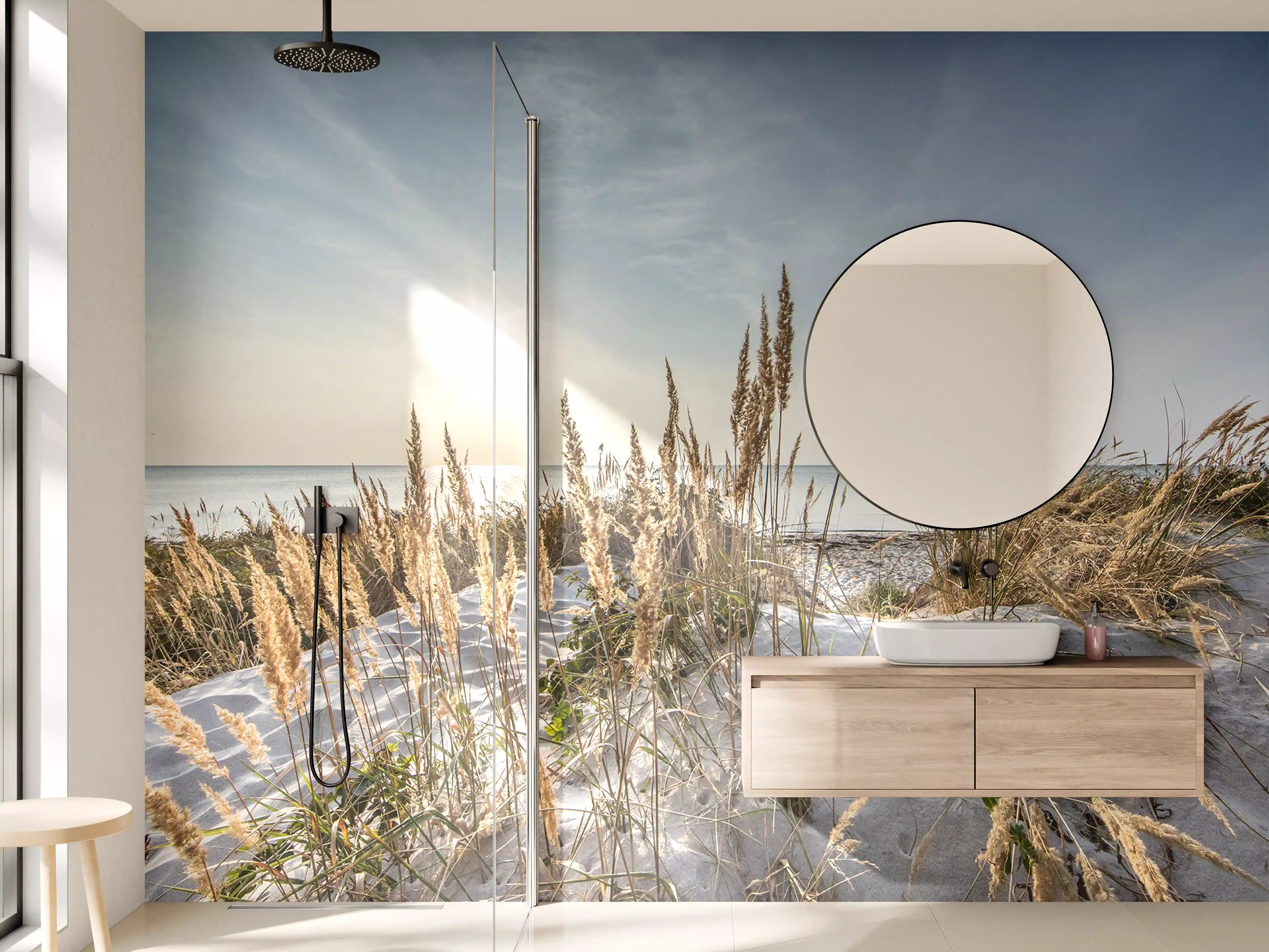 Wandverkleidung Bad - Strand mit Sanddünen und Sonnenschein