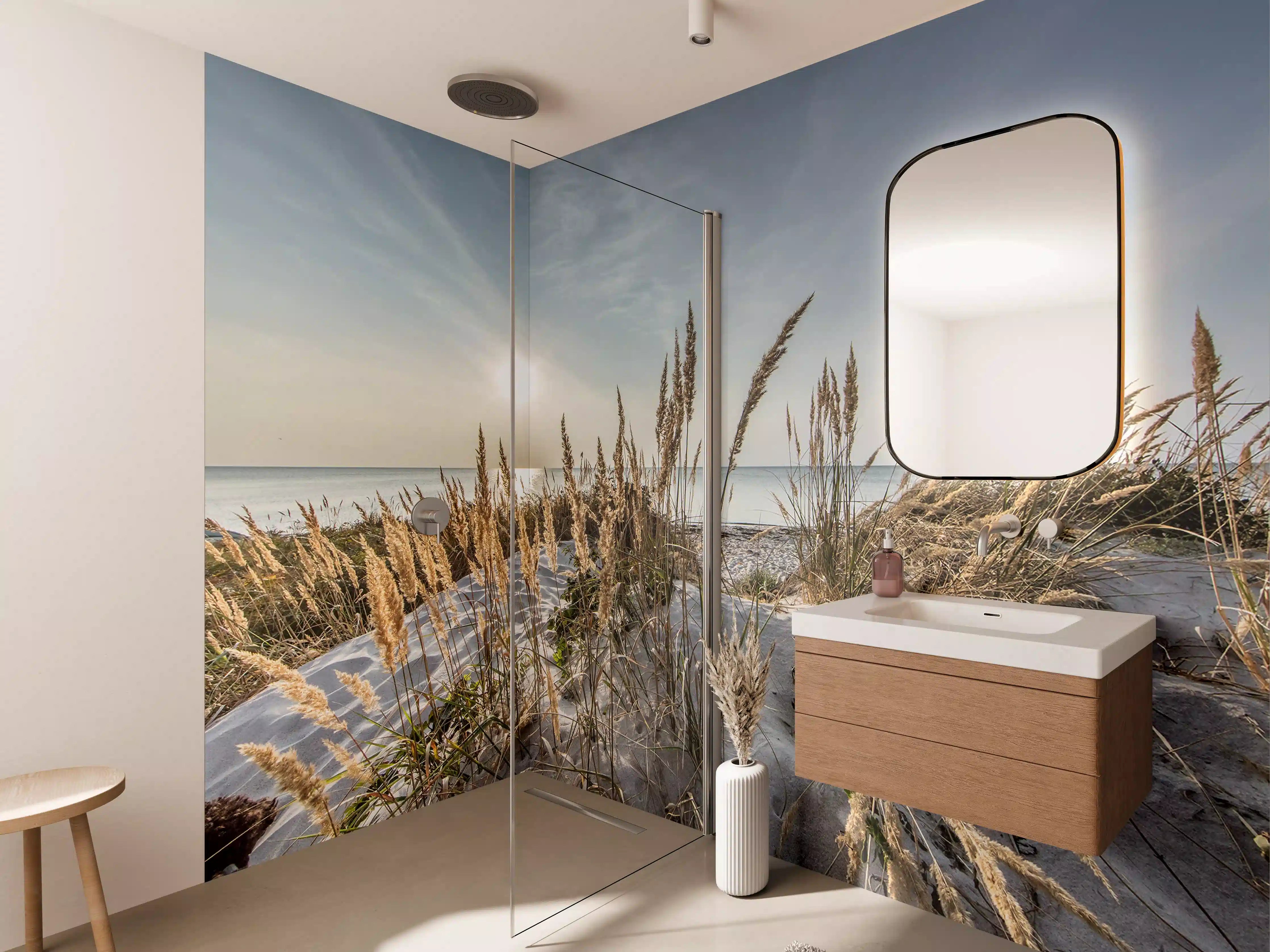 Wandverkleidung Bad - Strand mit Sanddünen und Sonnenschein