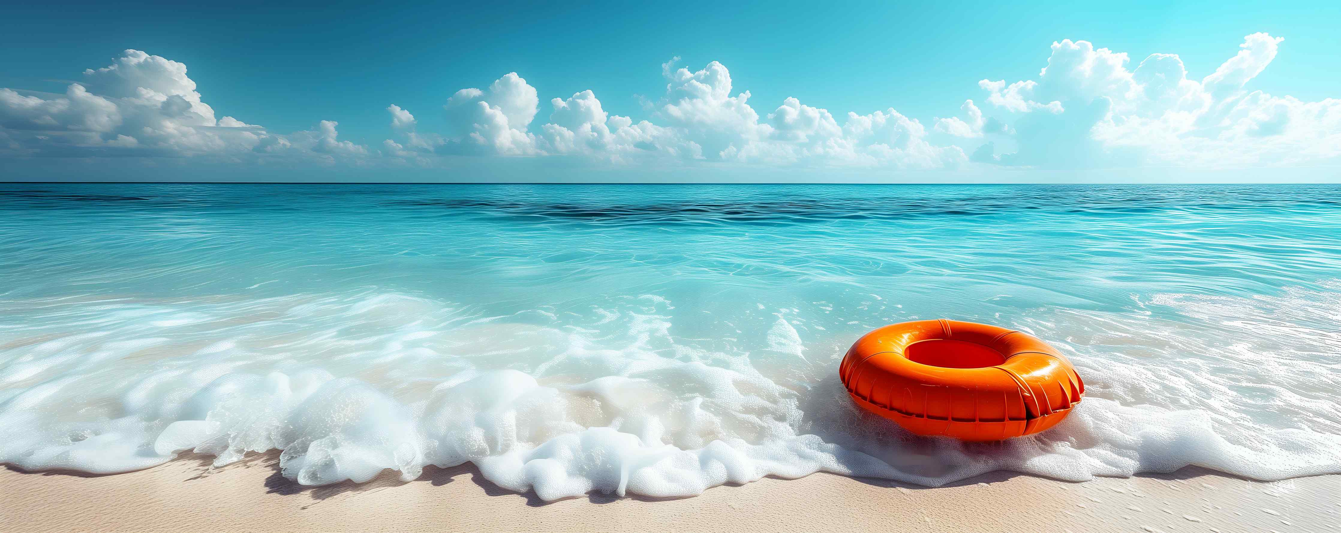 Wandverkleidung Bad-Strand mit orangefarbener Schwimmringe