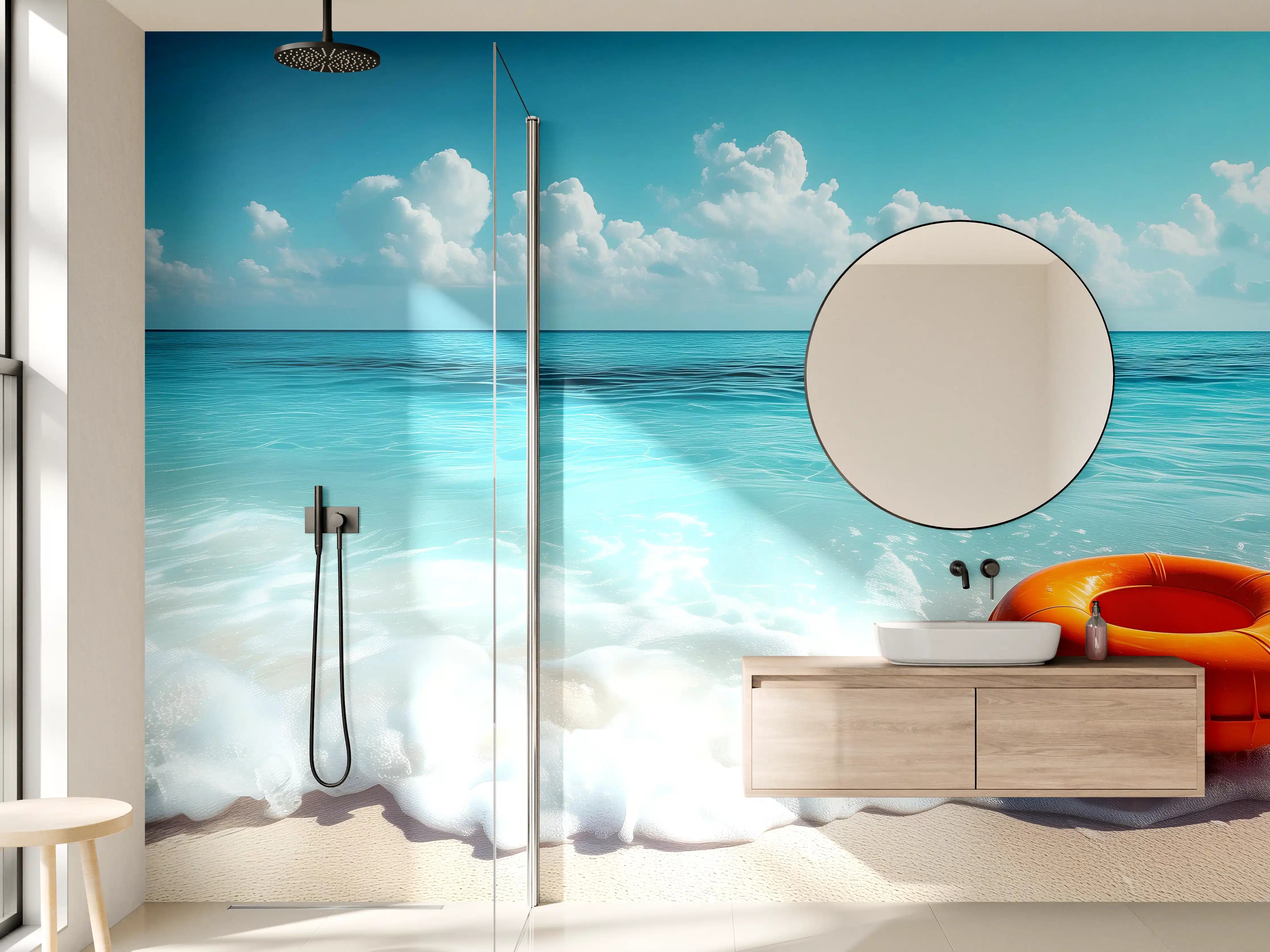 Wandverkleidung Bad - Strand mit orangefarbener Schwimmringe
