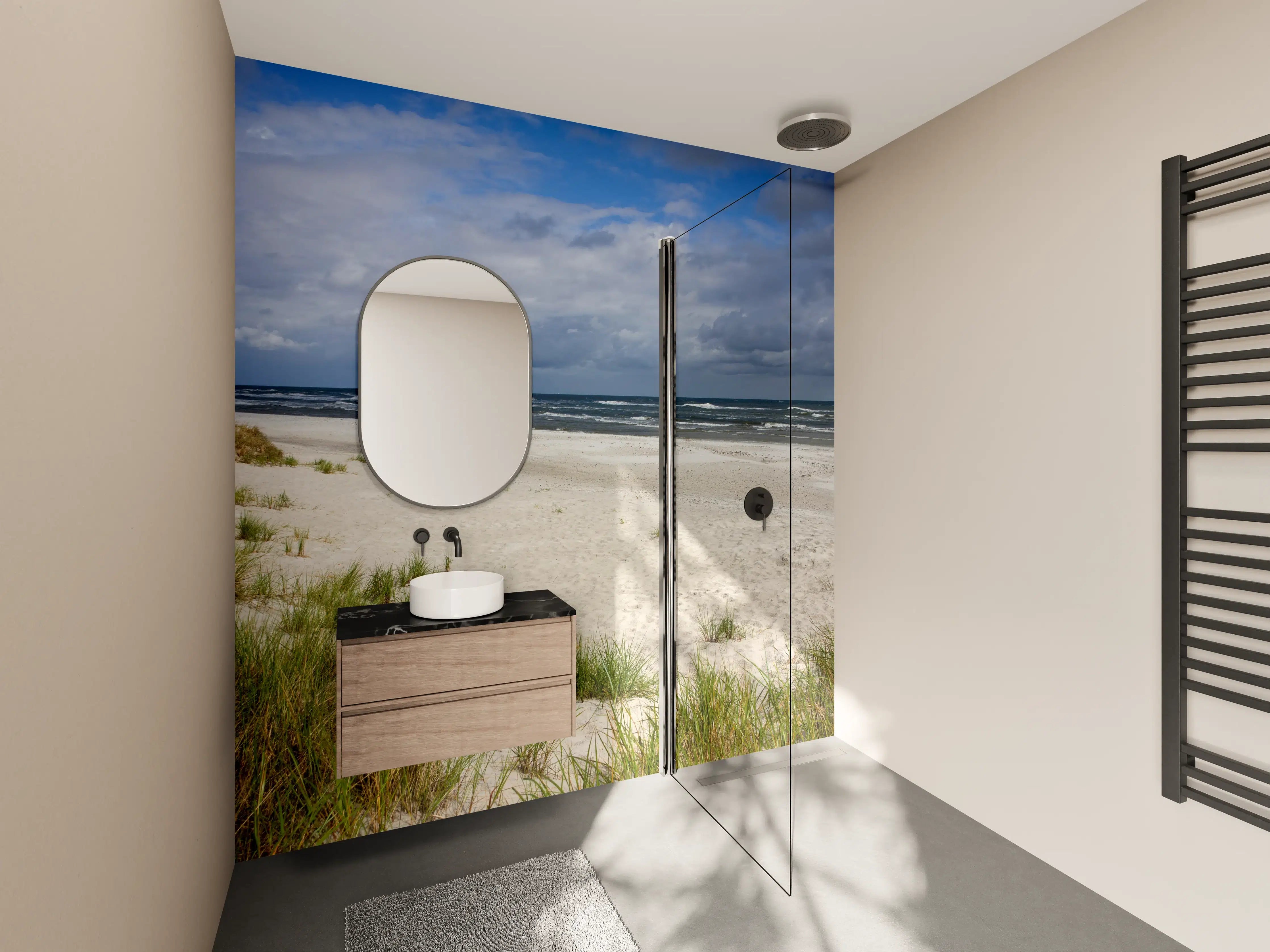 Wandverkleidung Bad - Strandlandschaft bei Wolken & Blau