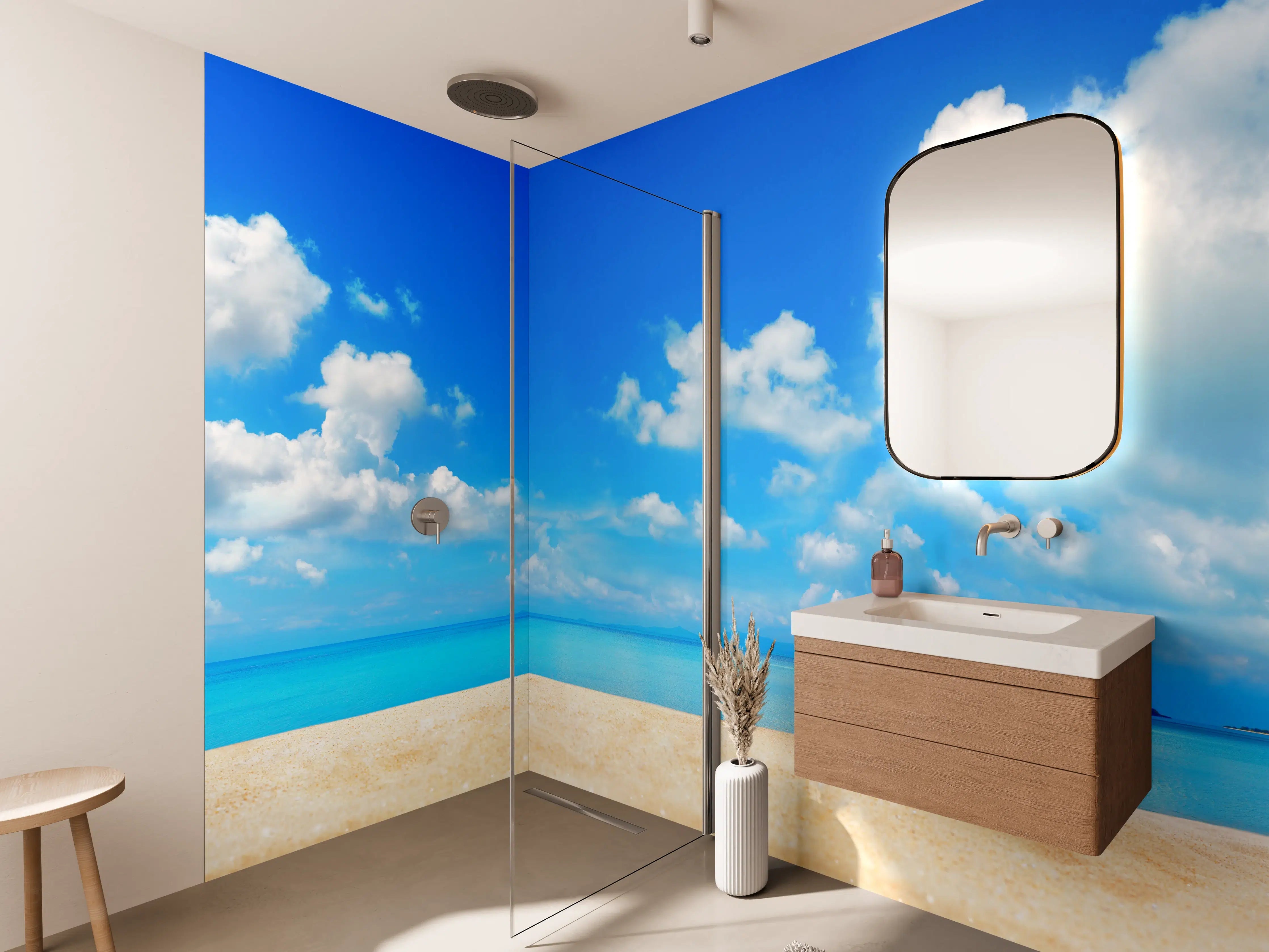 Wandverkleidung Bad - Strandlandschaft unter blauem Himmel