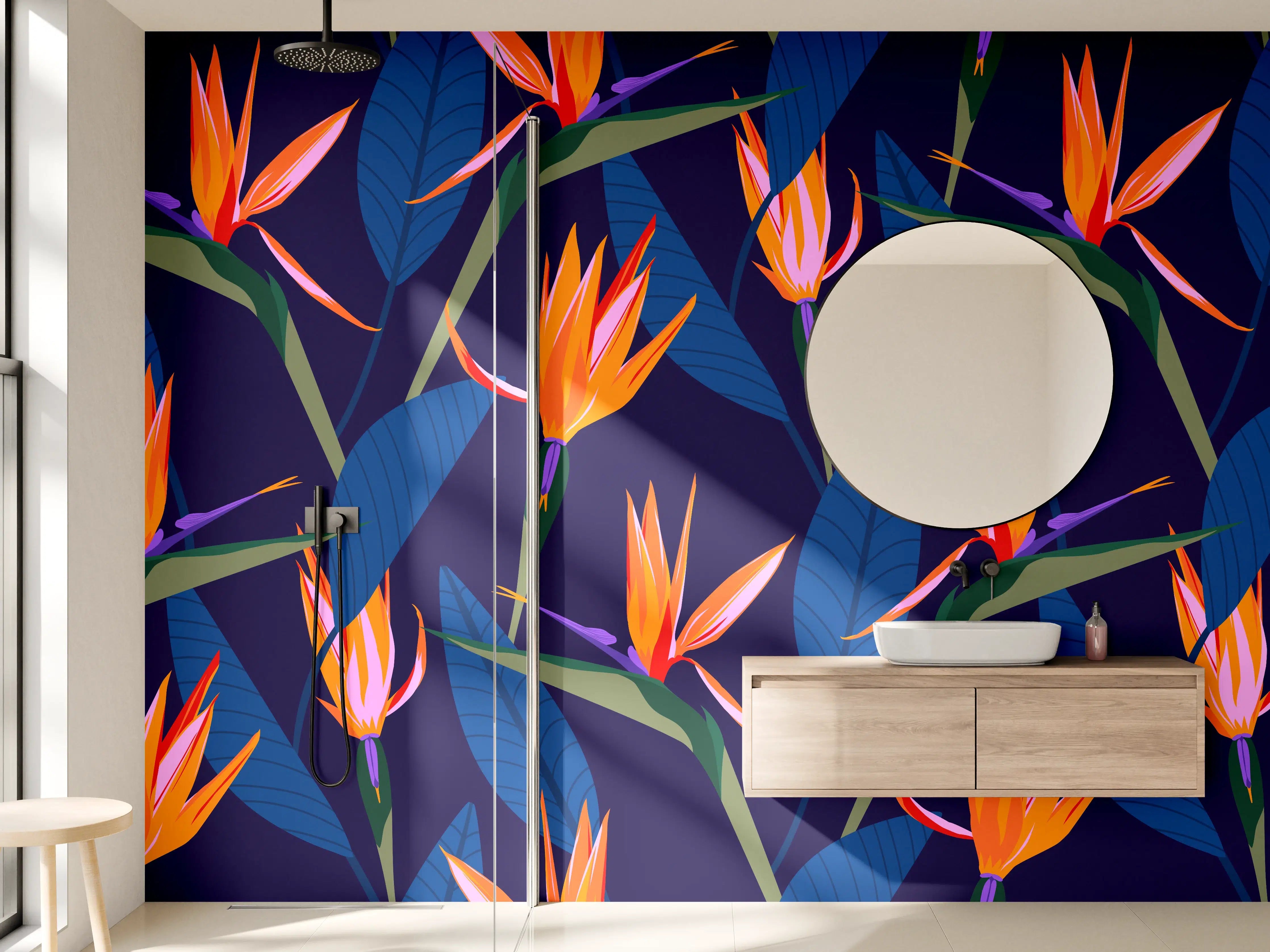 Wandverkleidung Bad - Strelitzia Nacht – Tropische Blumen