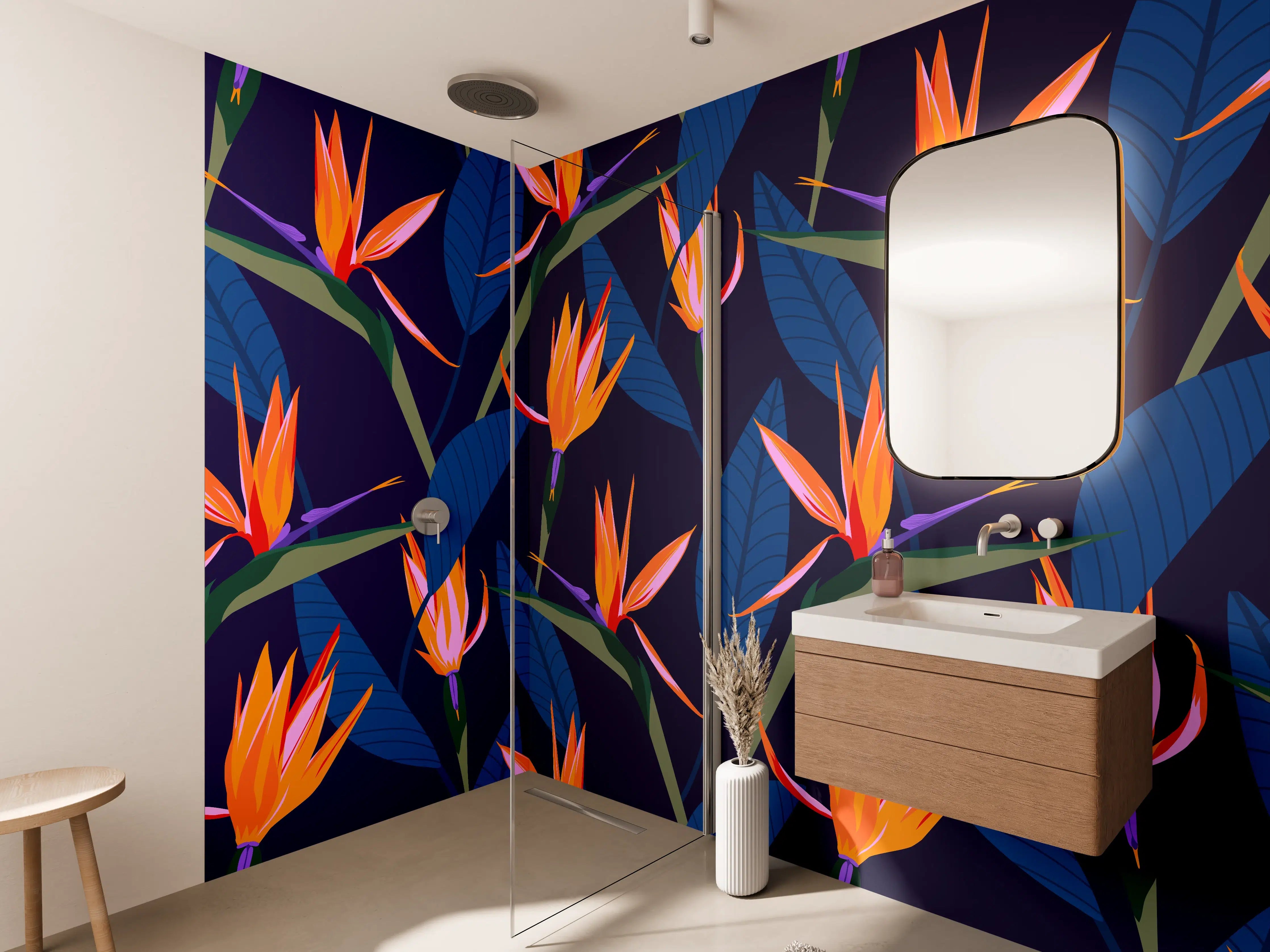 Wandverkleidung Bad - Strelitzia Nacht – Tropische Blumen