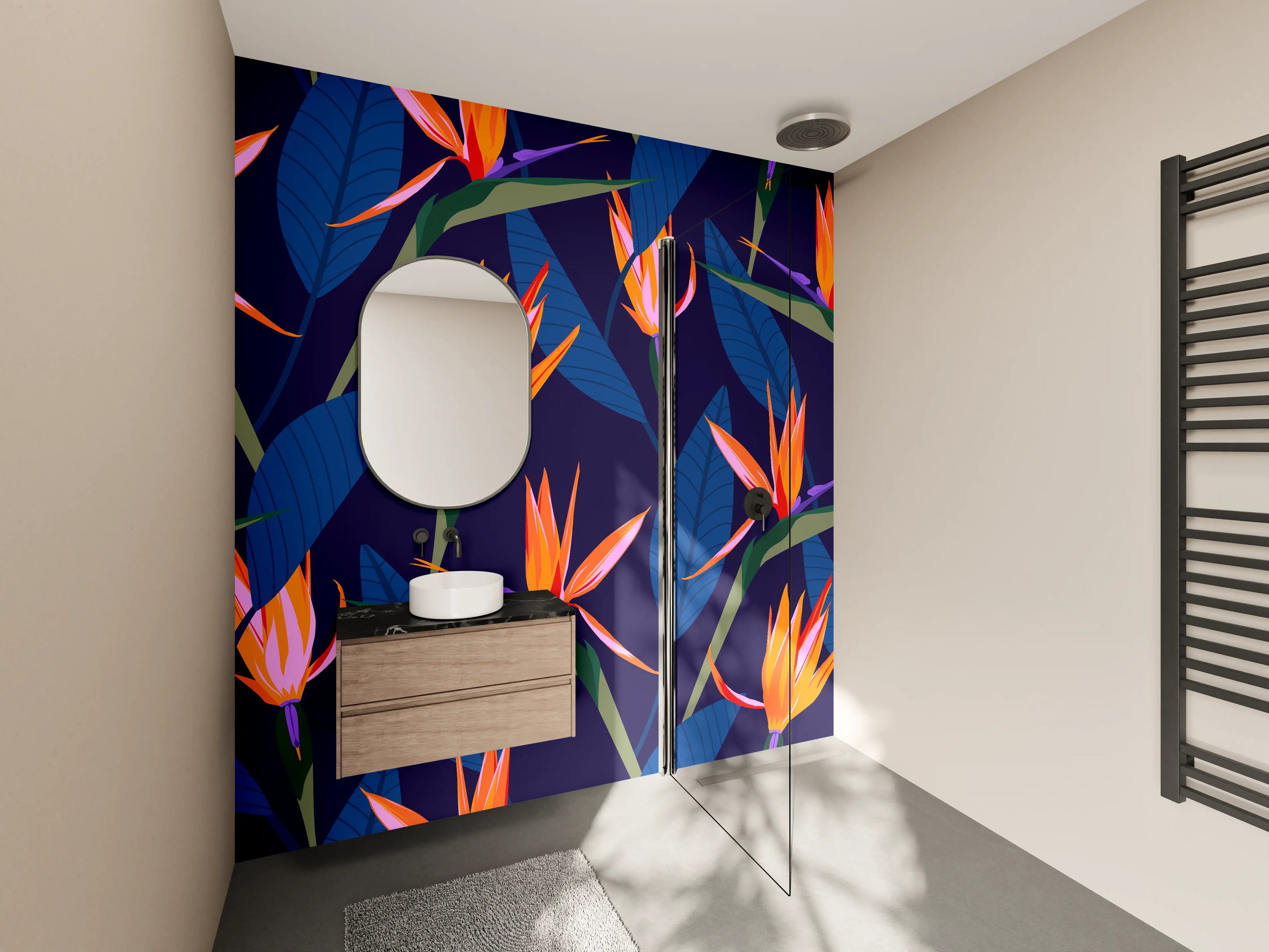 Wandverkleidung Bad - Strelitzia Nacht – Tropische Blumen
