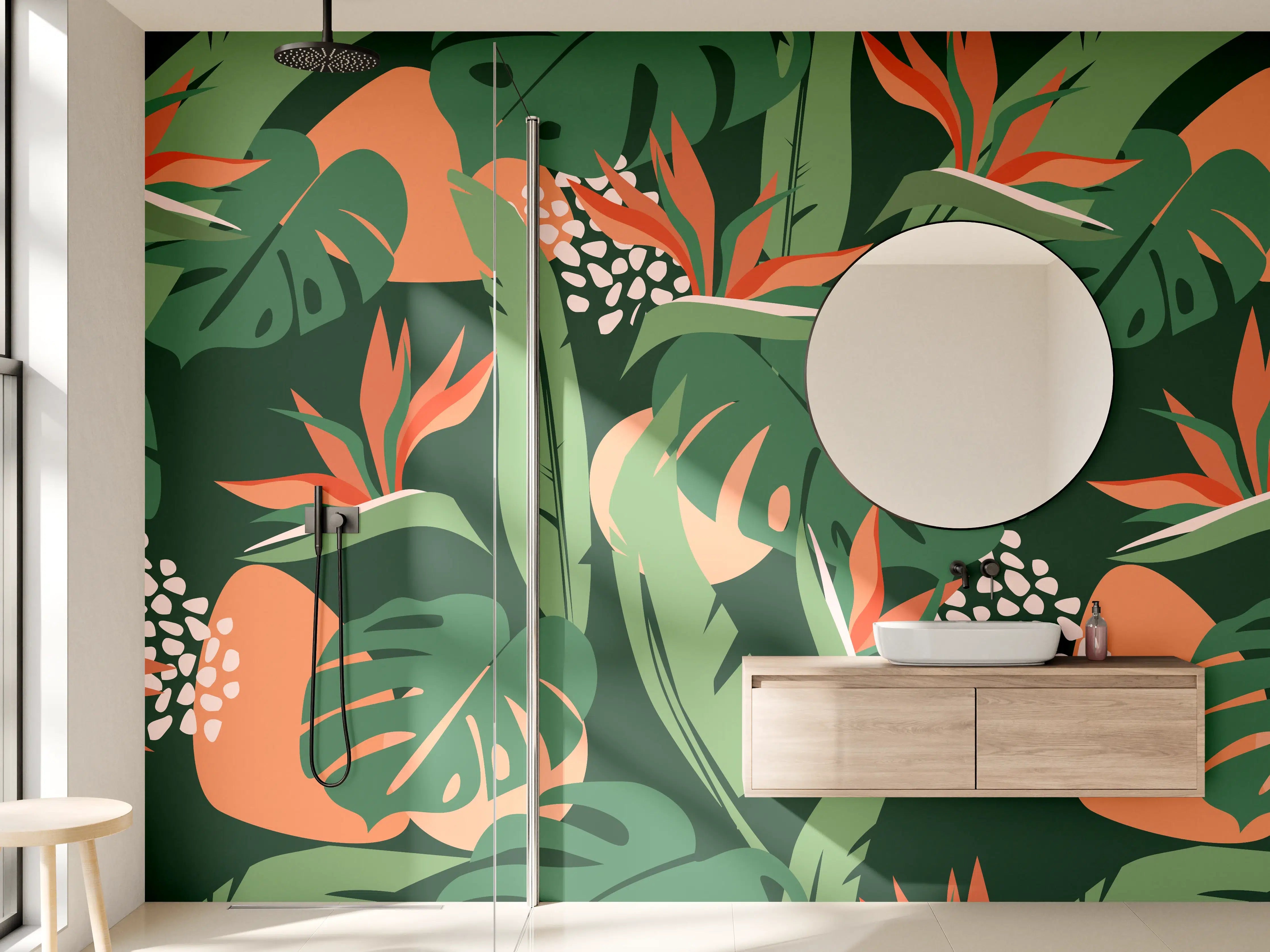 Wandverkleidung Bad - Strelitzia Tropenblatt Grün-Orange