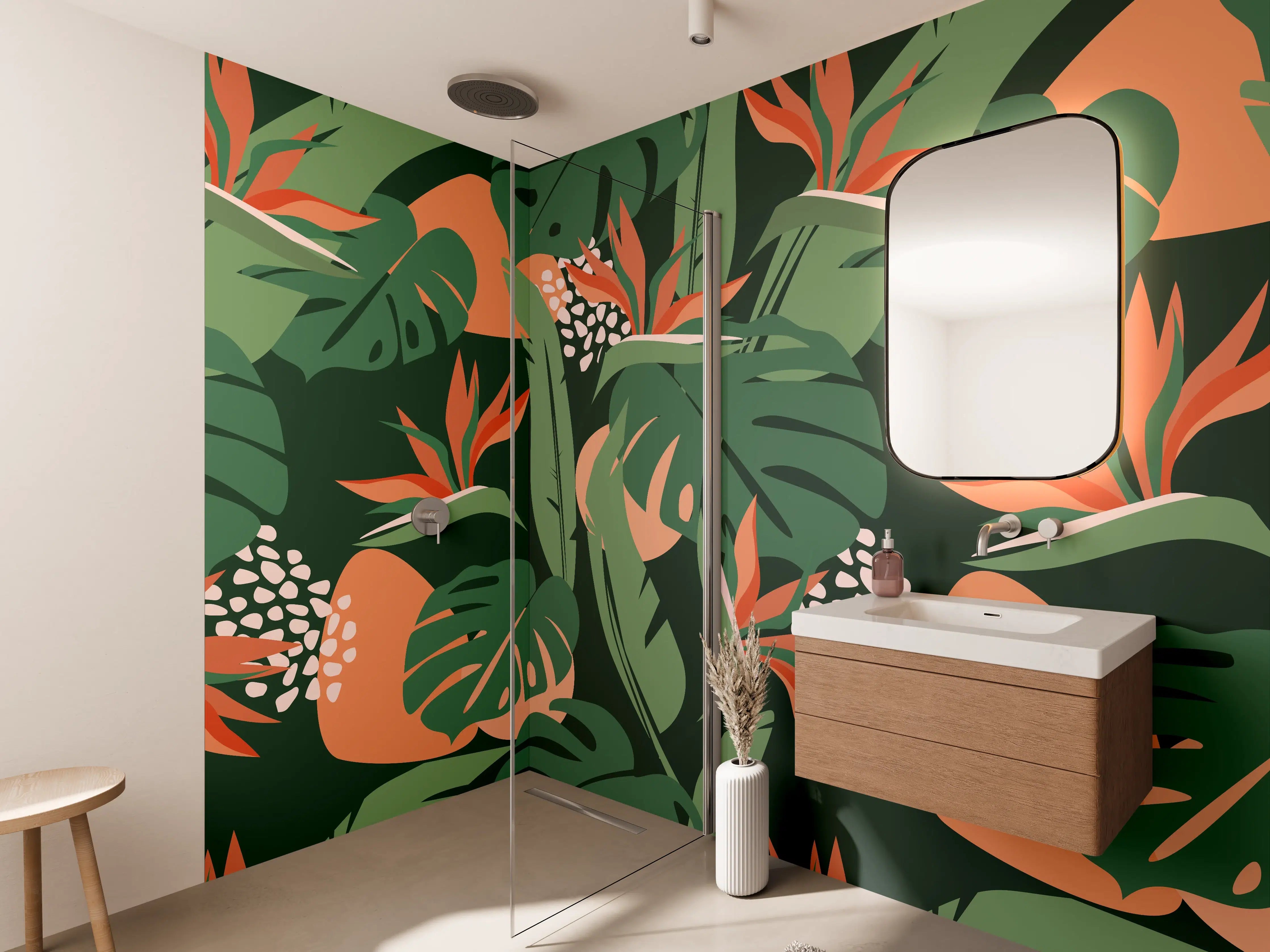 Wandverkleidung Bad - Strelitzia Tropenblatt Grün-Orange