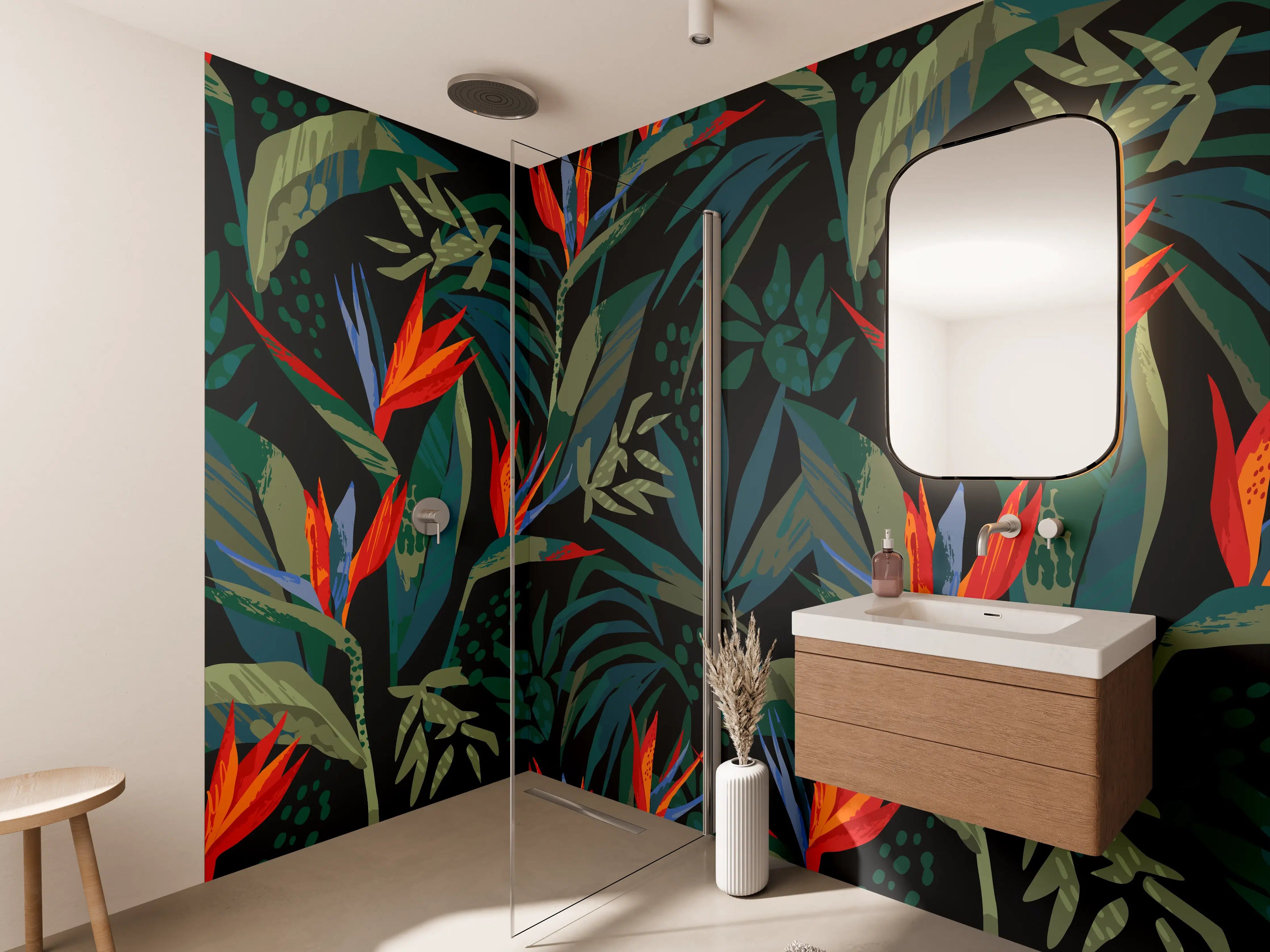Wandverkleidung Bad - Strelitzia Tropenwald-Motiv
