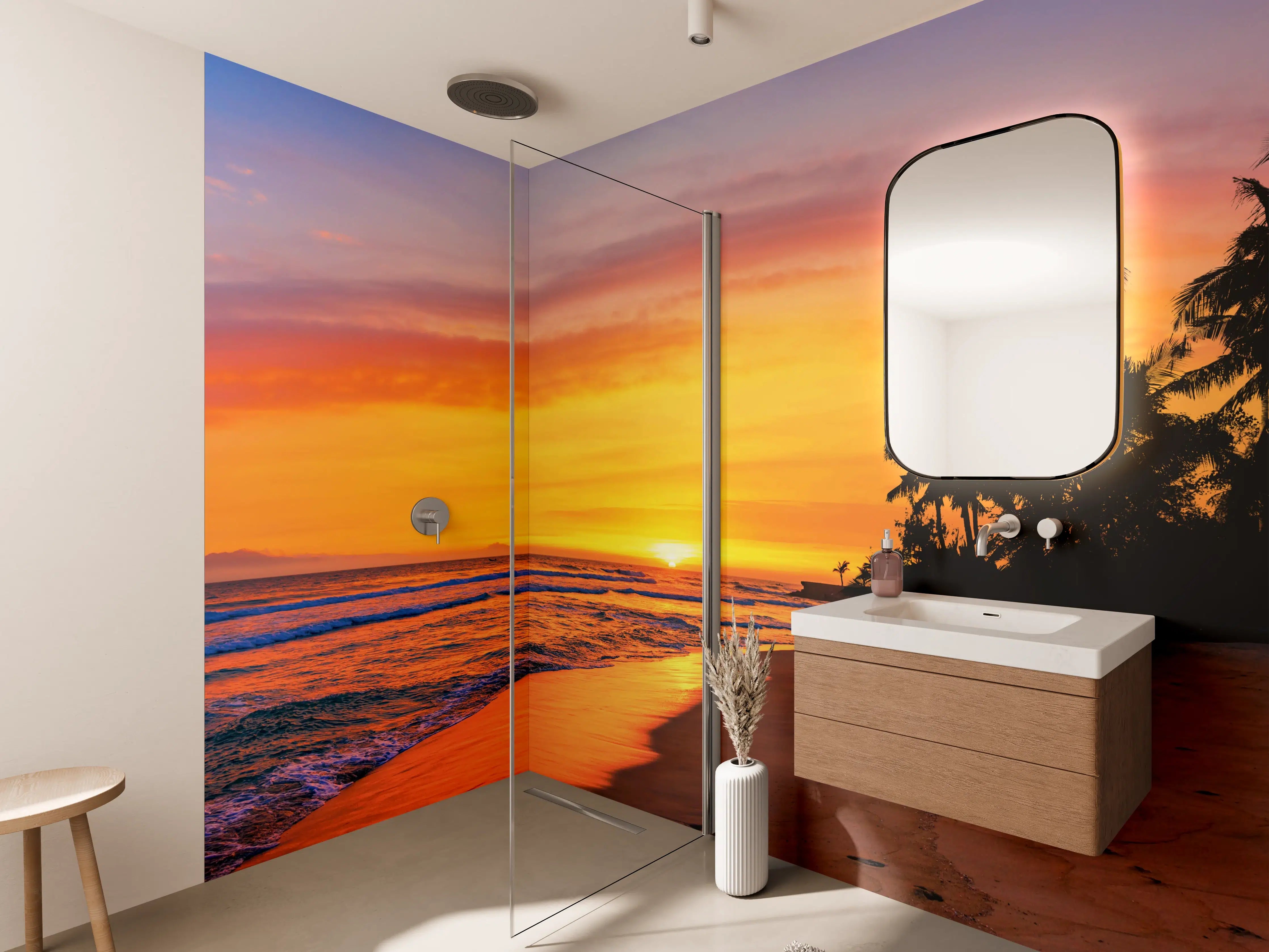 Wandverkleidung Bad - Sunset am Strand mit Palmen