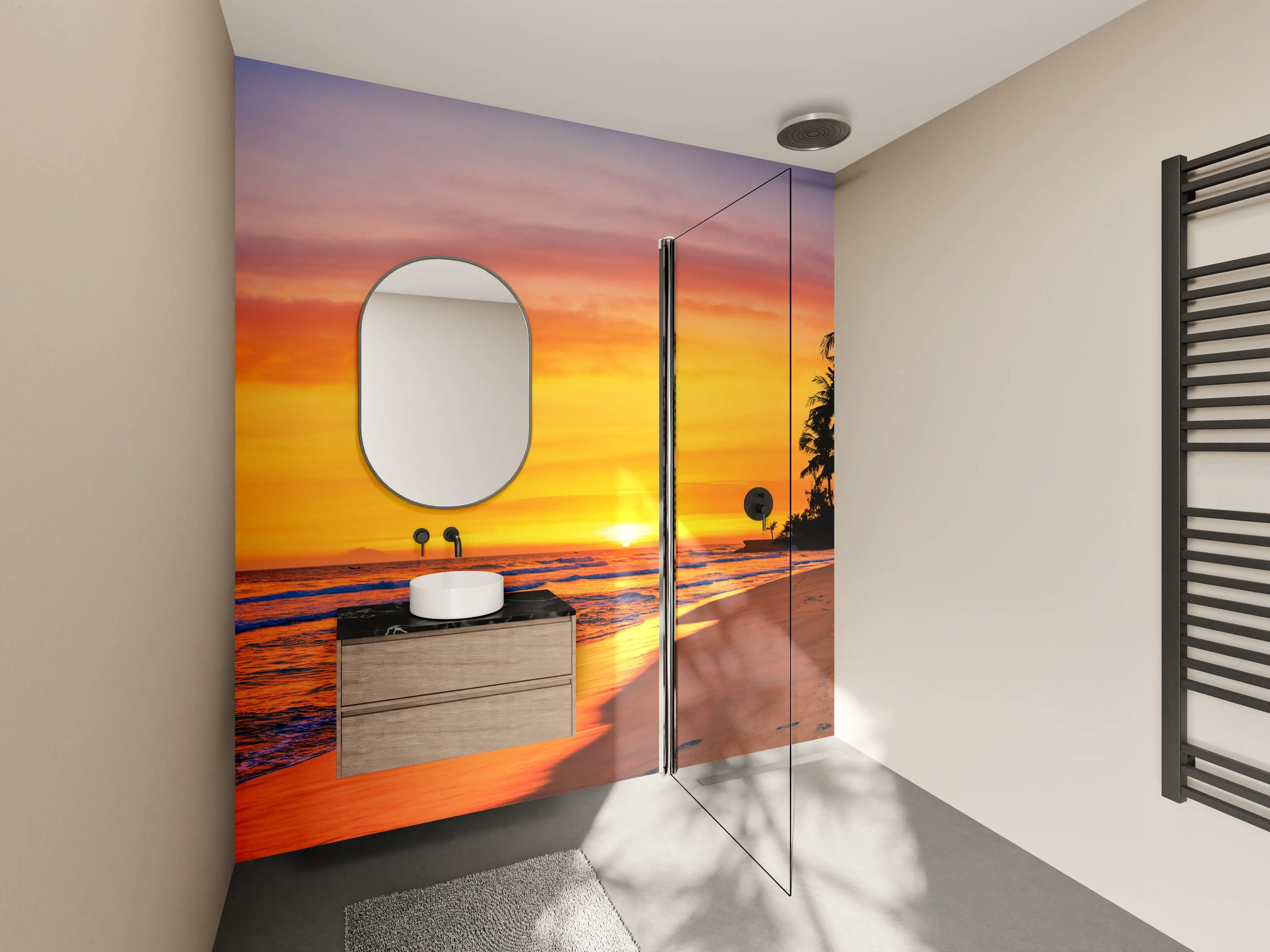 Wandverkleidung Bad - Sunset am Strand mit Palmen