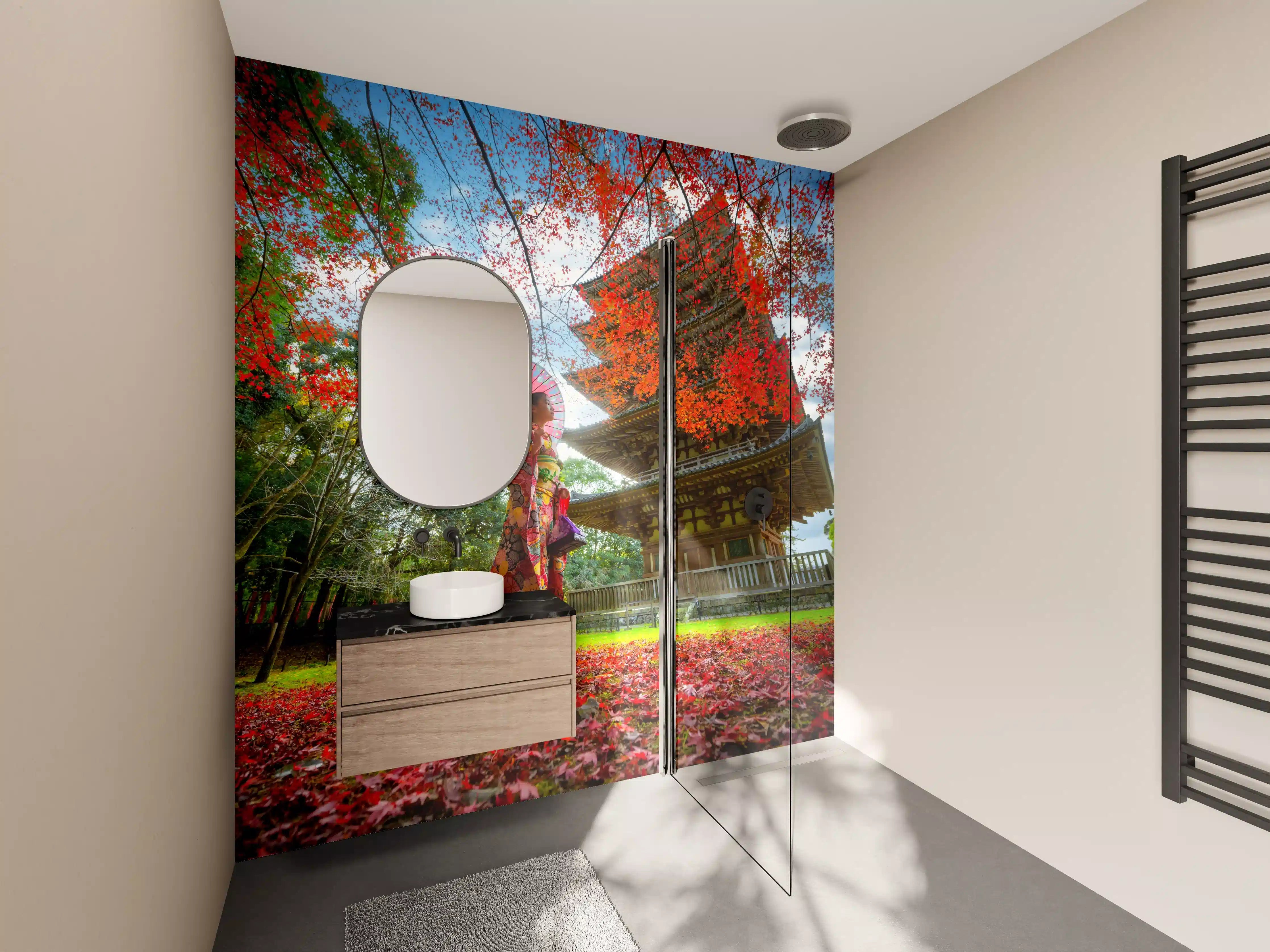 Wandverkleidung Bad - Tempel in Japan in Herbstlicher Landschaft