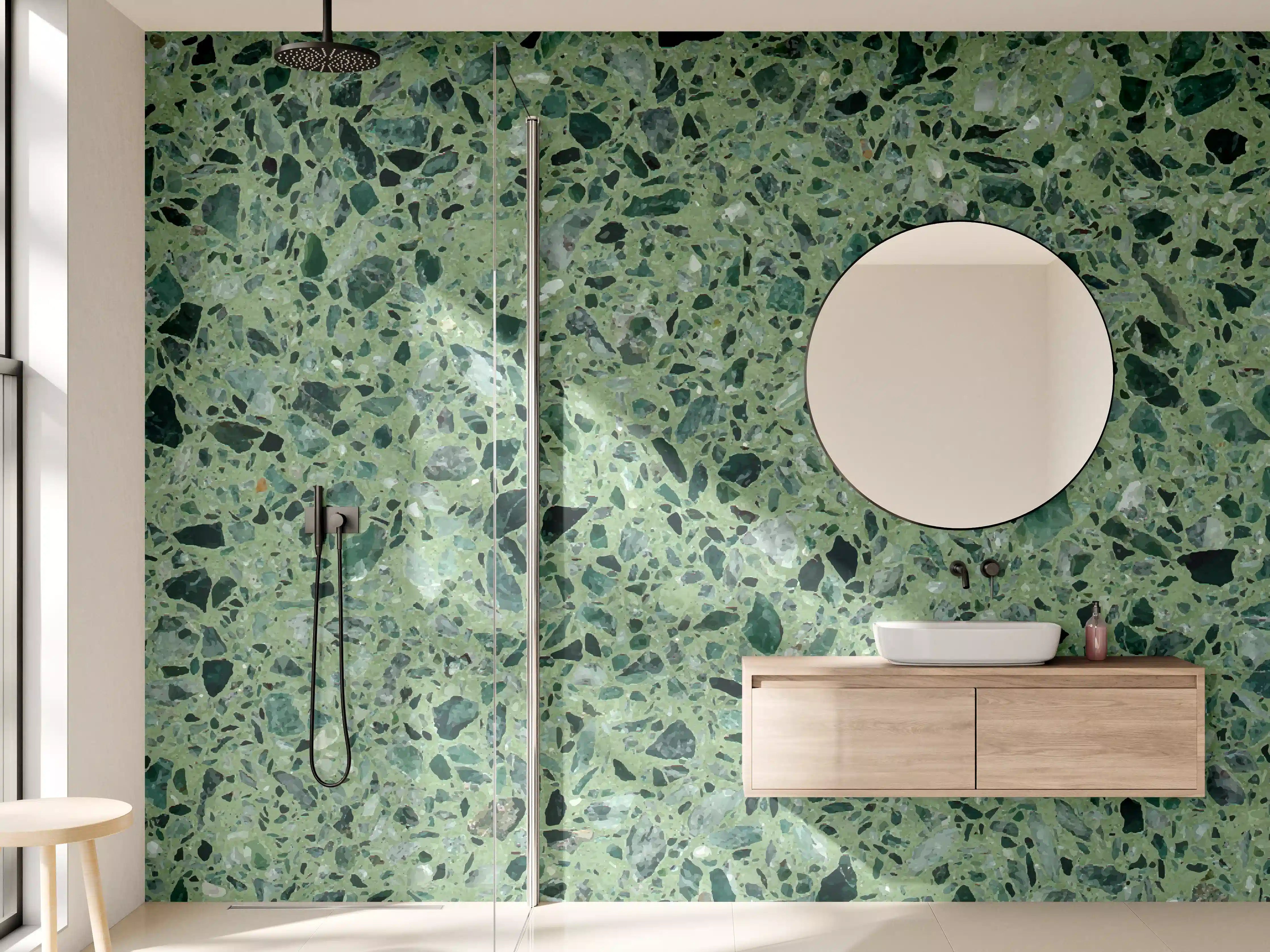 Wandverkleidung Bad - Terrazzo Textur auf türkisem Hintergrund