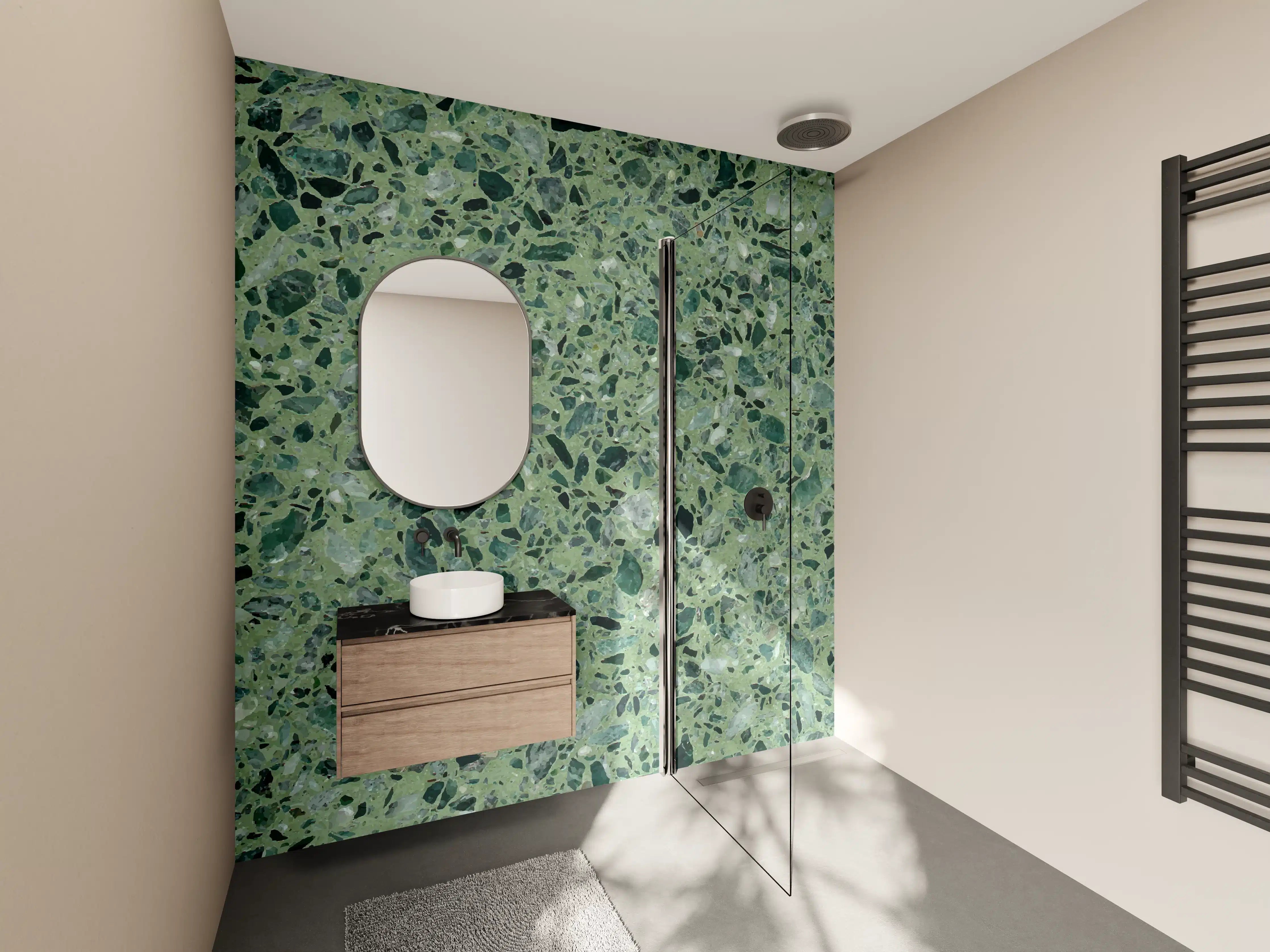 Wandverkleidung Bad - Terrazzo Textur auf türkisem Hintergrund