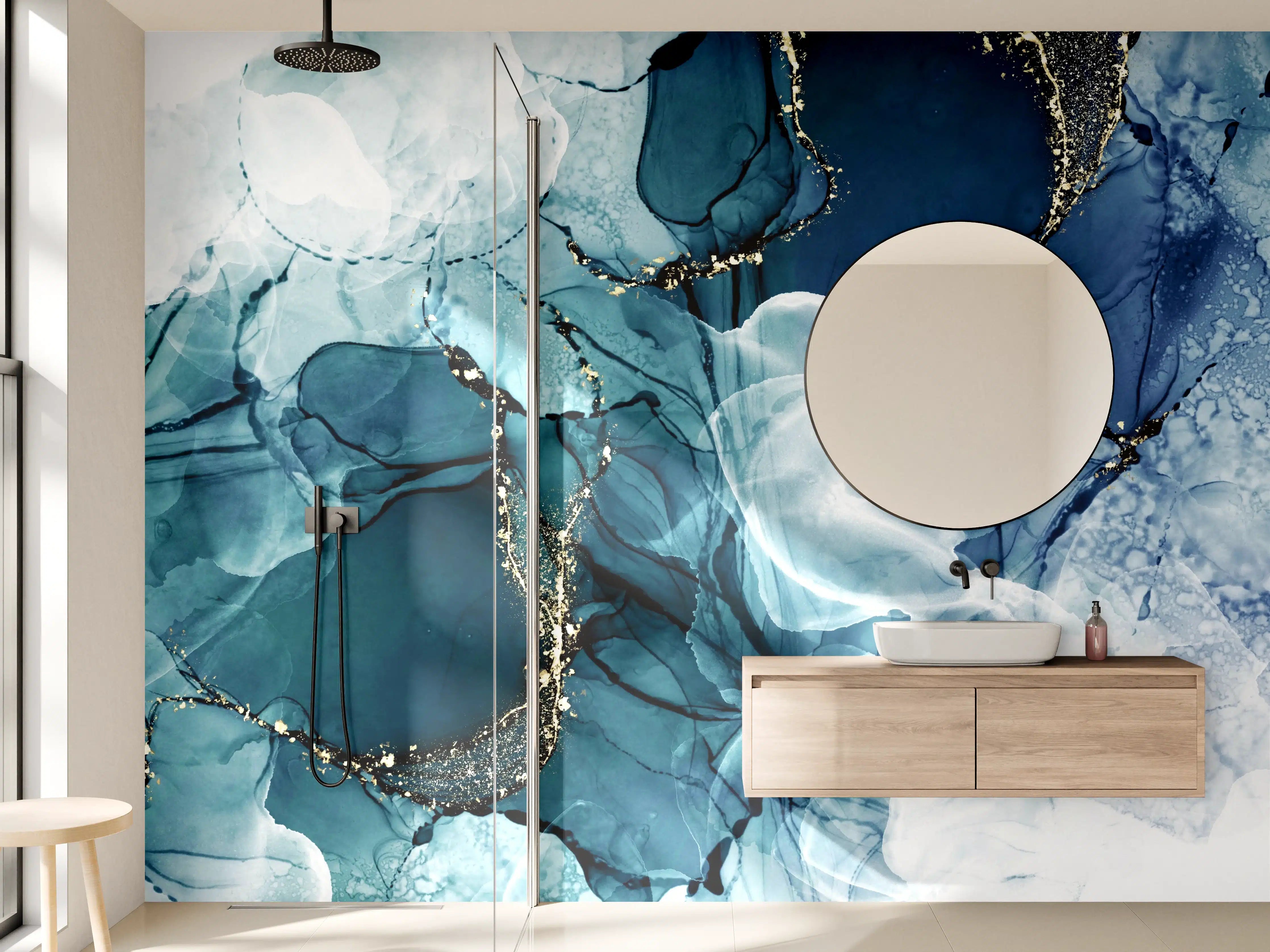 Wandverkleidung Bad - Tiefblaues Fluid-Art Design