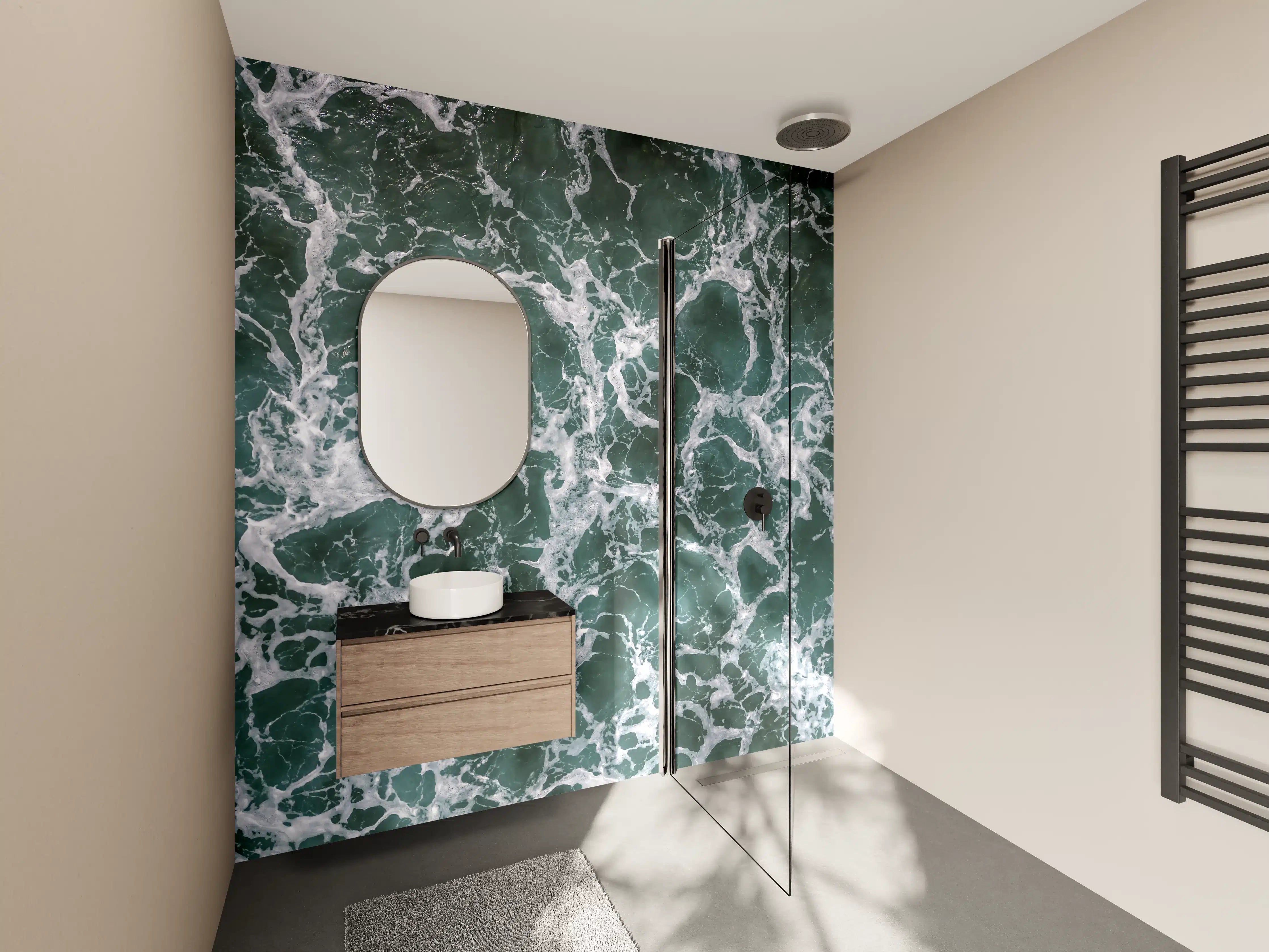 Wandverkleidung Bad - Tiefgrüne Meereswellen mit Weißschäum