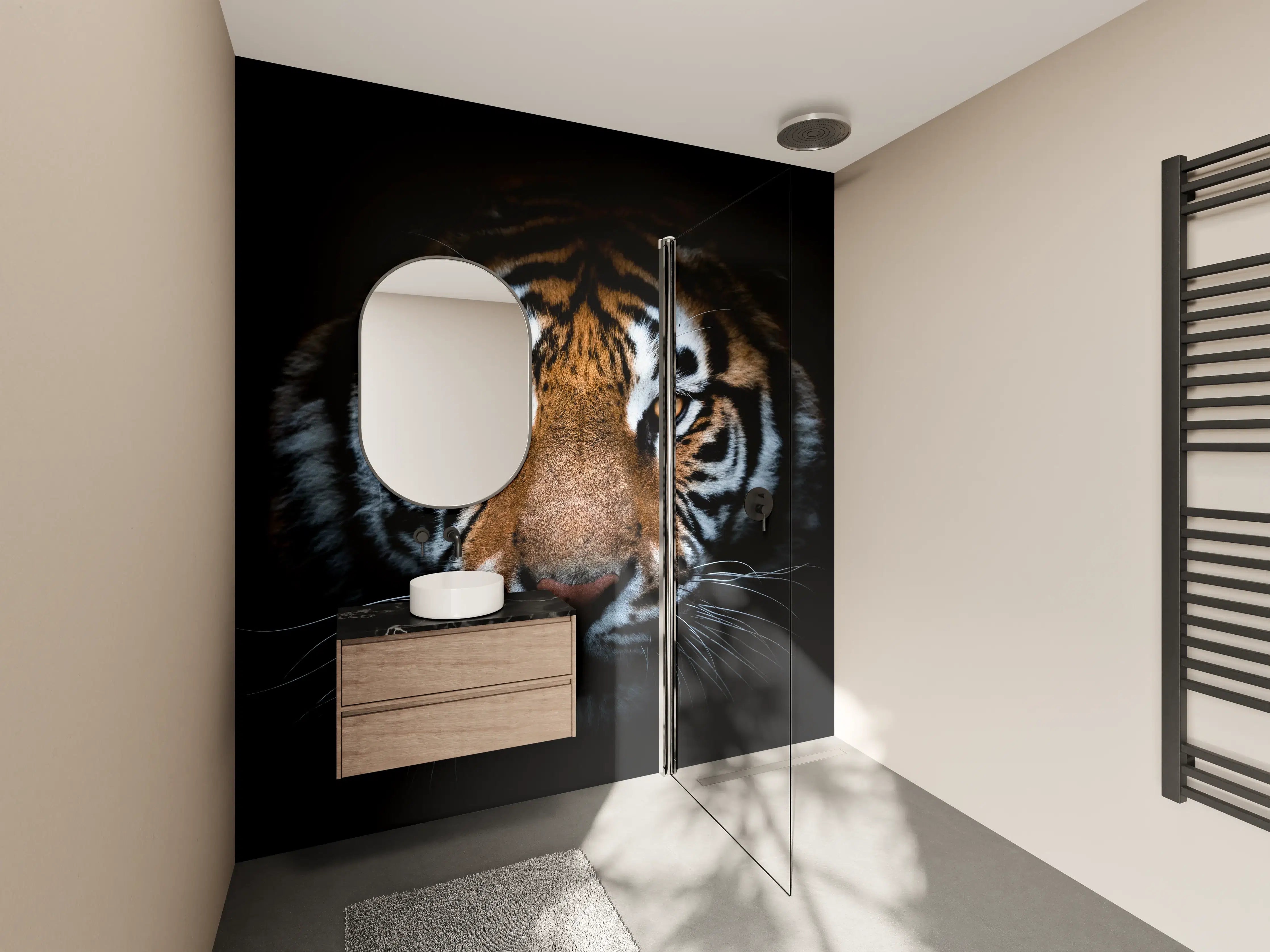 Wandverkleidung Bad - Tiger-Portrait Schwarzer Hintergrund