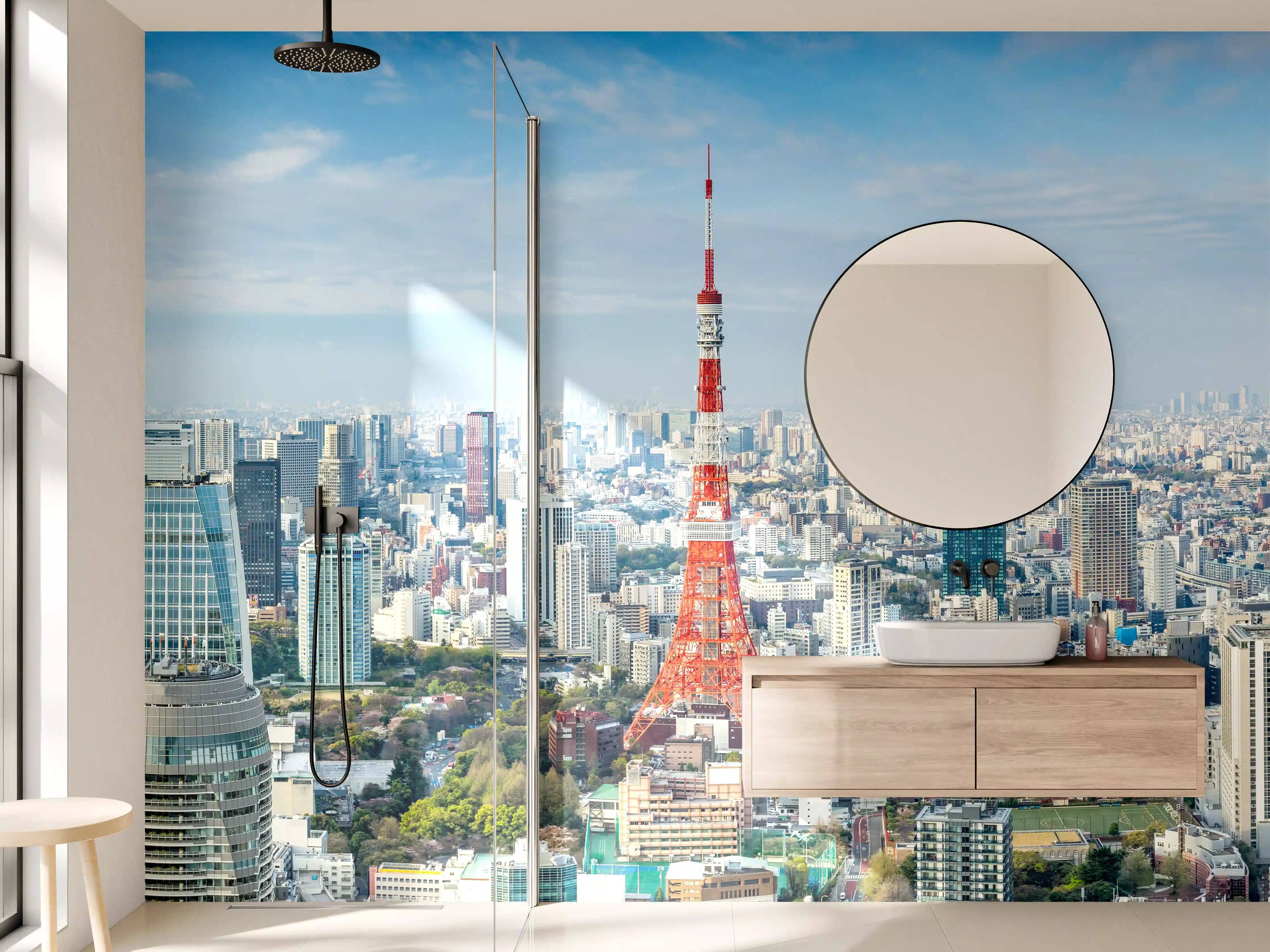 Wandverkleidung Bad - Tokio Skyline Rot-Blau