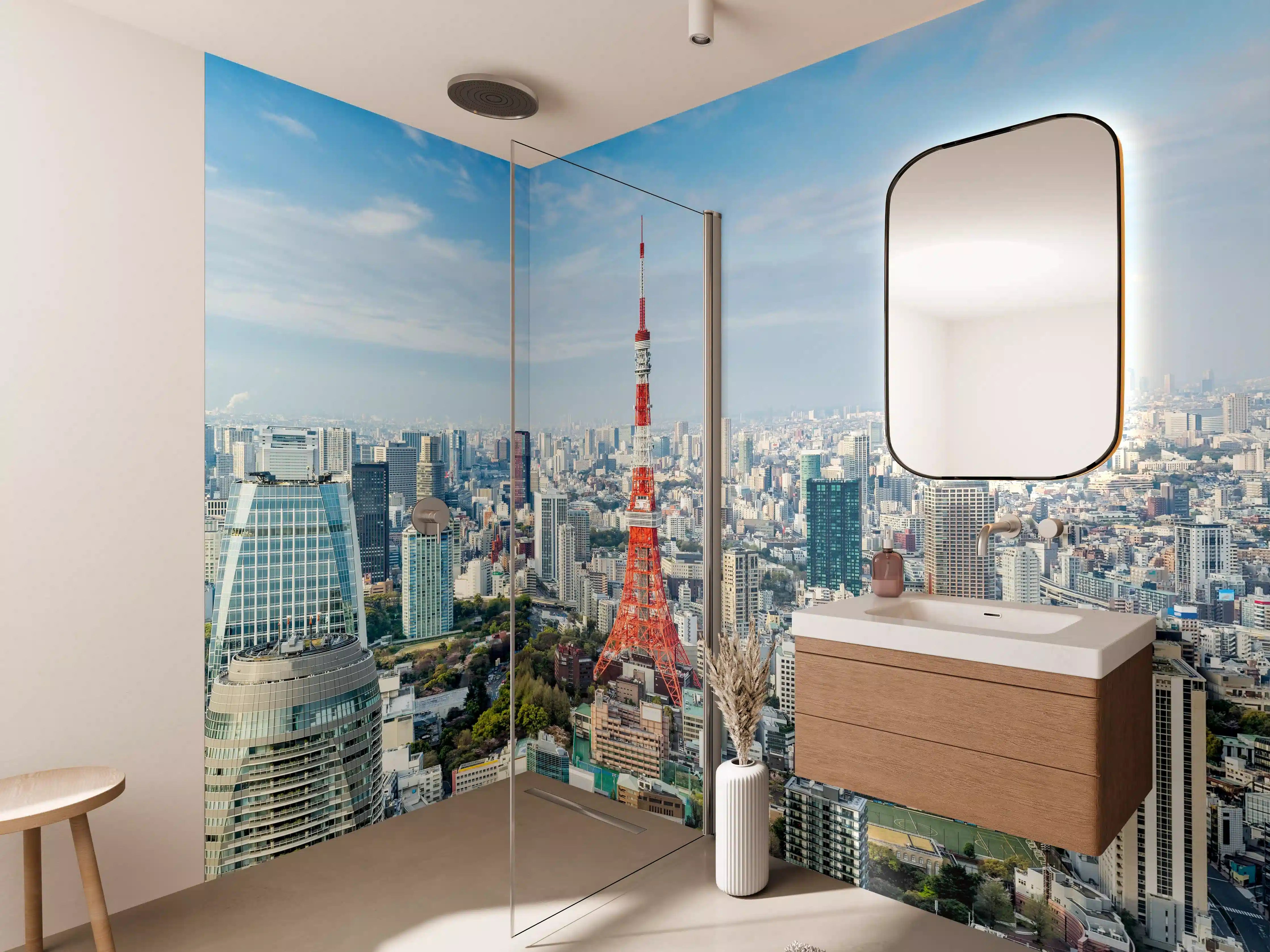 Wandverkleidung Bad - Tokio Skyline Rot-Blau