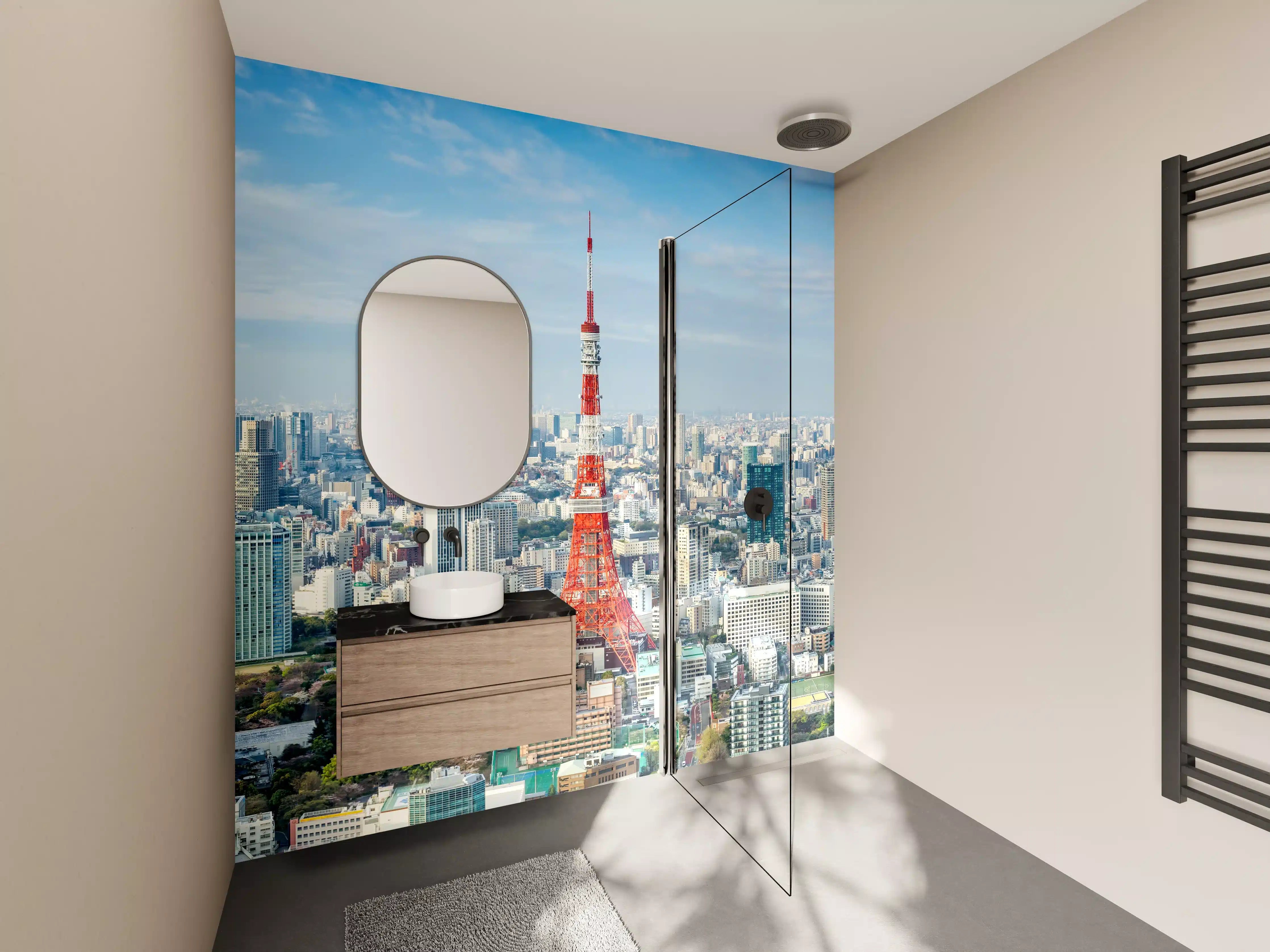 Wandverkleidung Bad - Tokio Skyline Rot-Blau