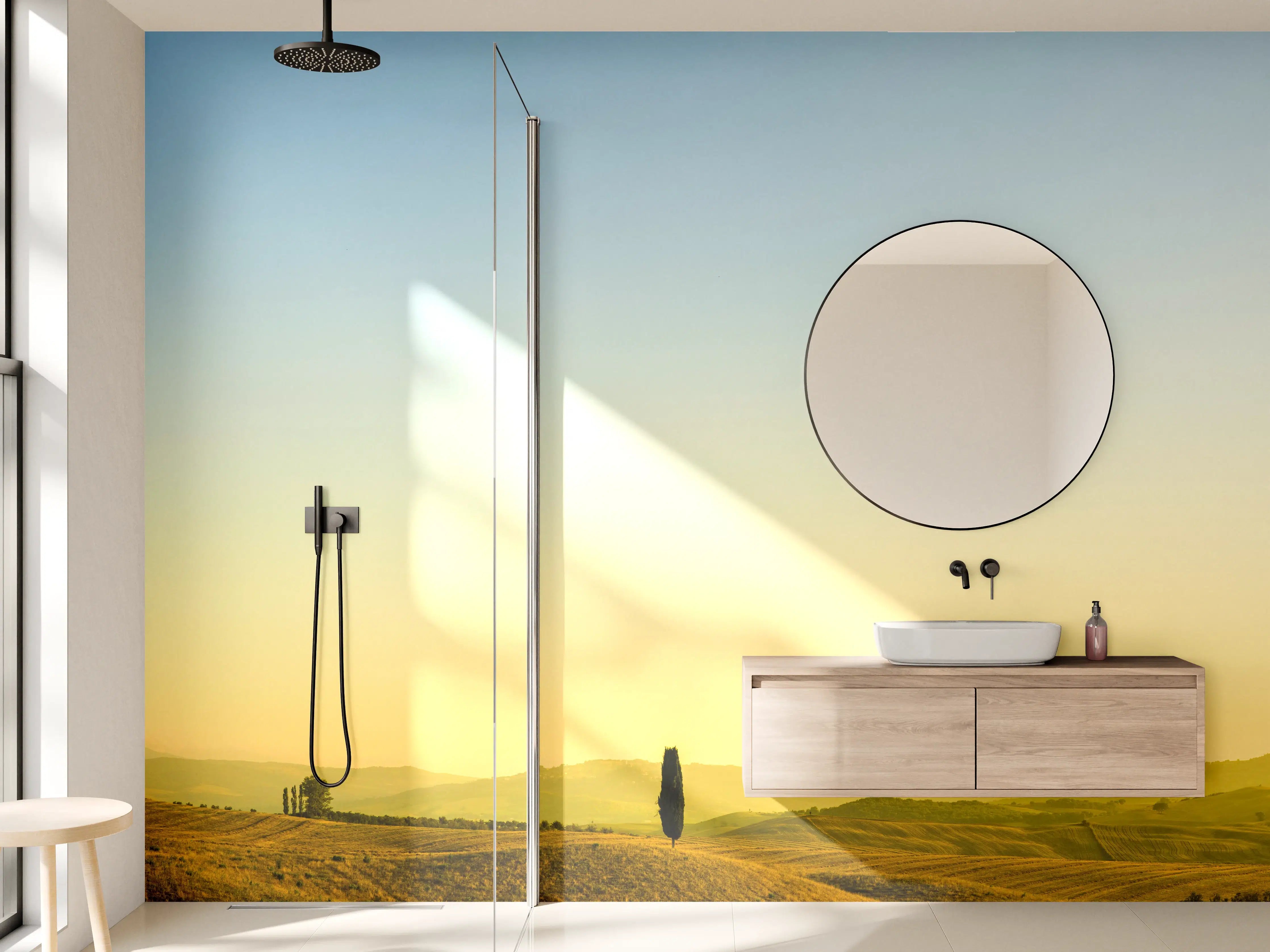 Wandverkleidung Bad - Toskanische Hügel im Abendlicht