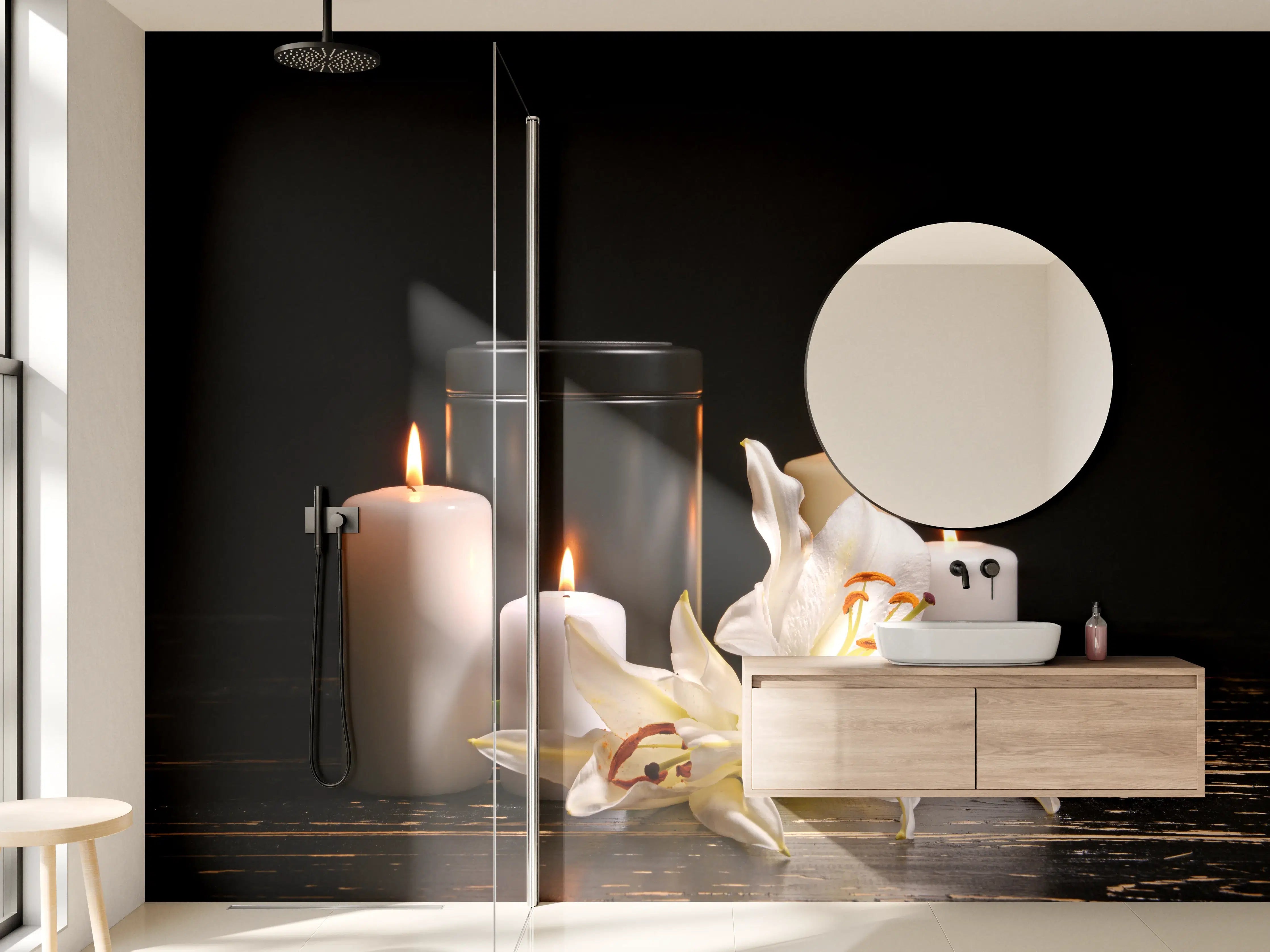 Wandverkleidung Bad - Totenurne mit Kerzen und Blume