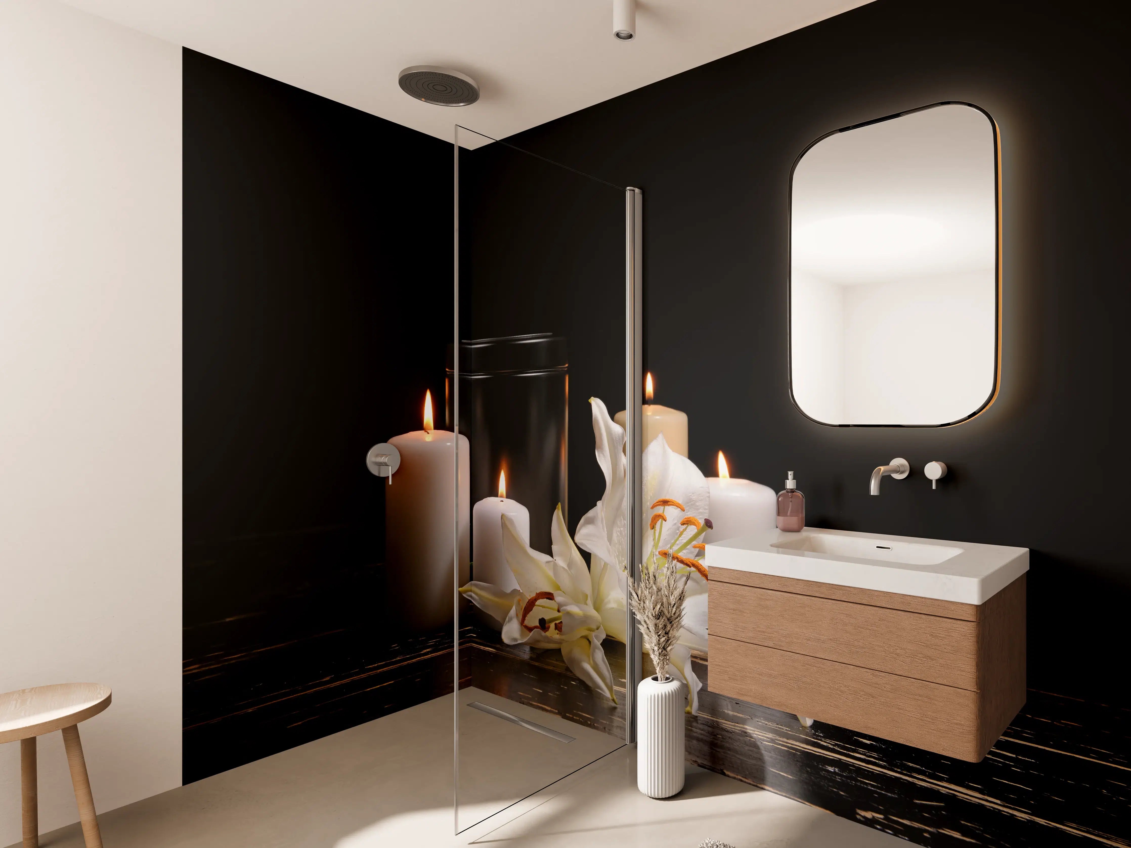 Wandverkleidung Bad - Totenurne mit Kerzen und Blume