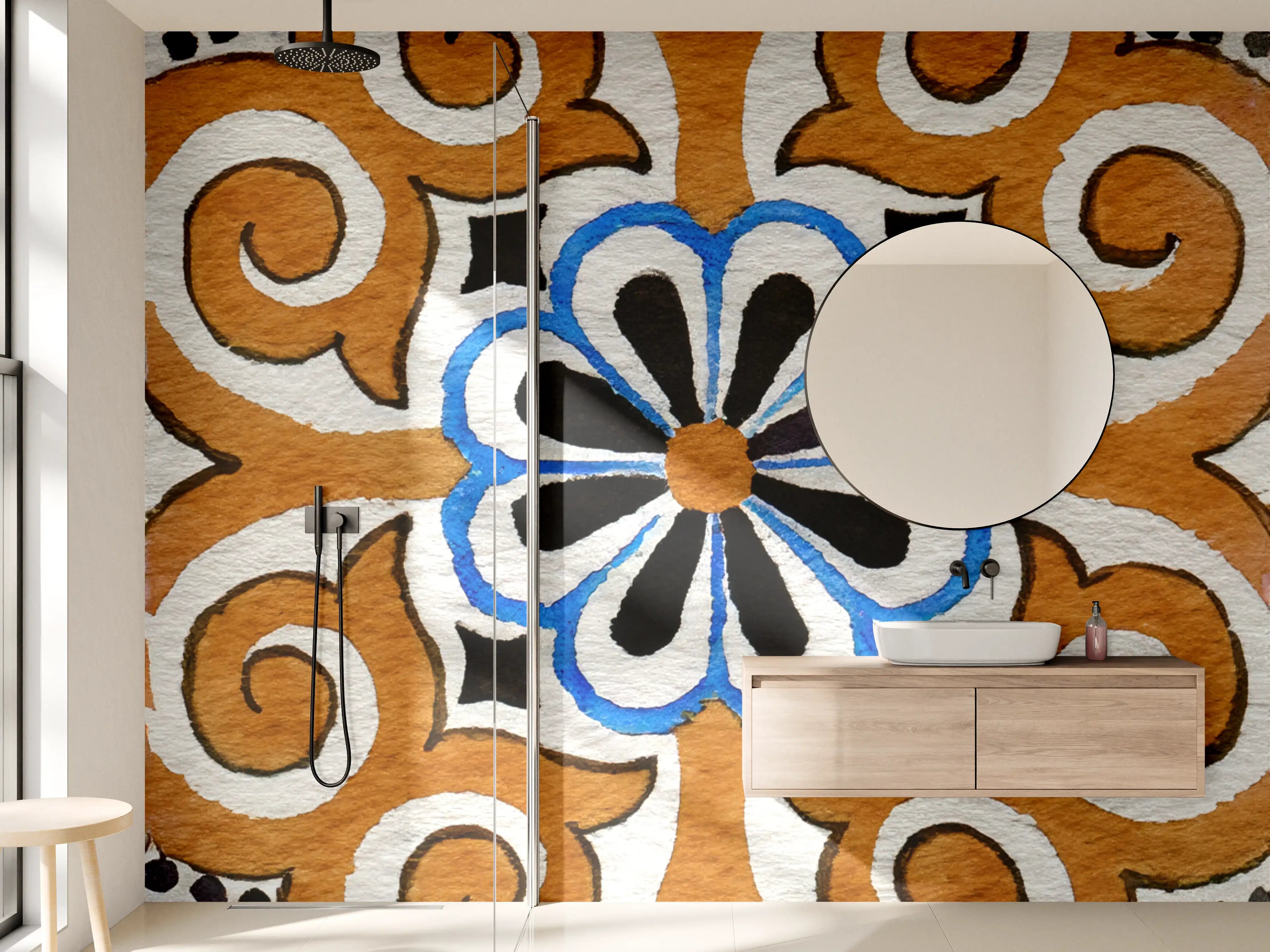 Wandverkleidung Bad - Traditionelle Fliesenmuster in Warmtönen