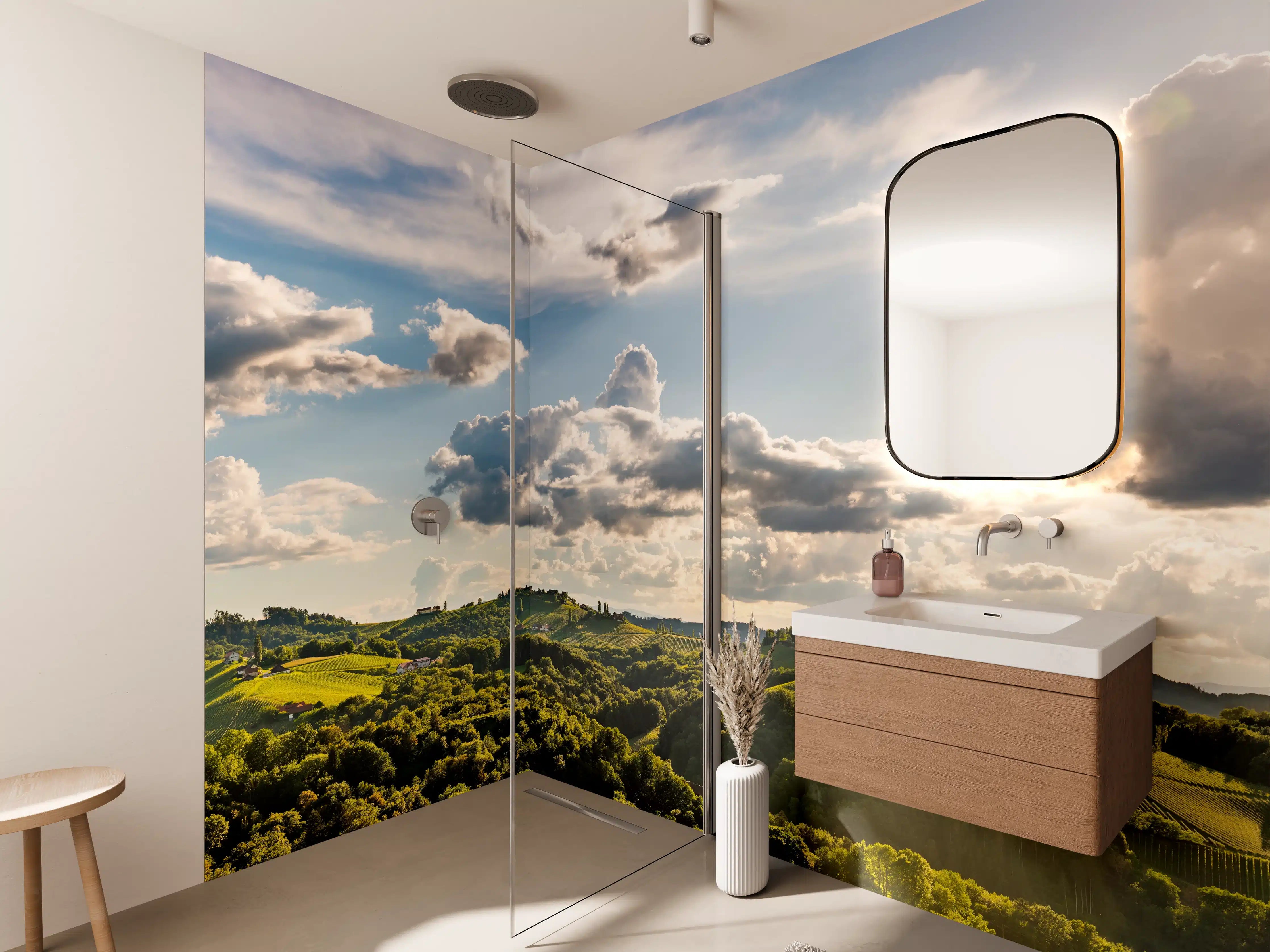 Wandverkleidung Bad - Traumhafter Landschaftshimmel mit Wolken und Sonne
