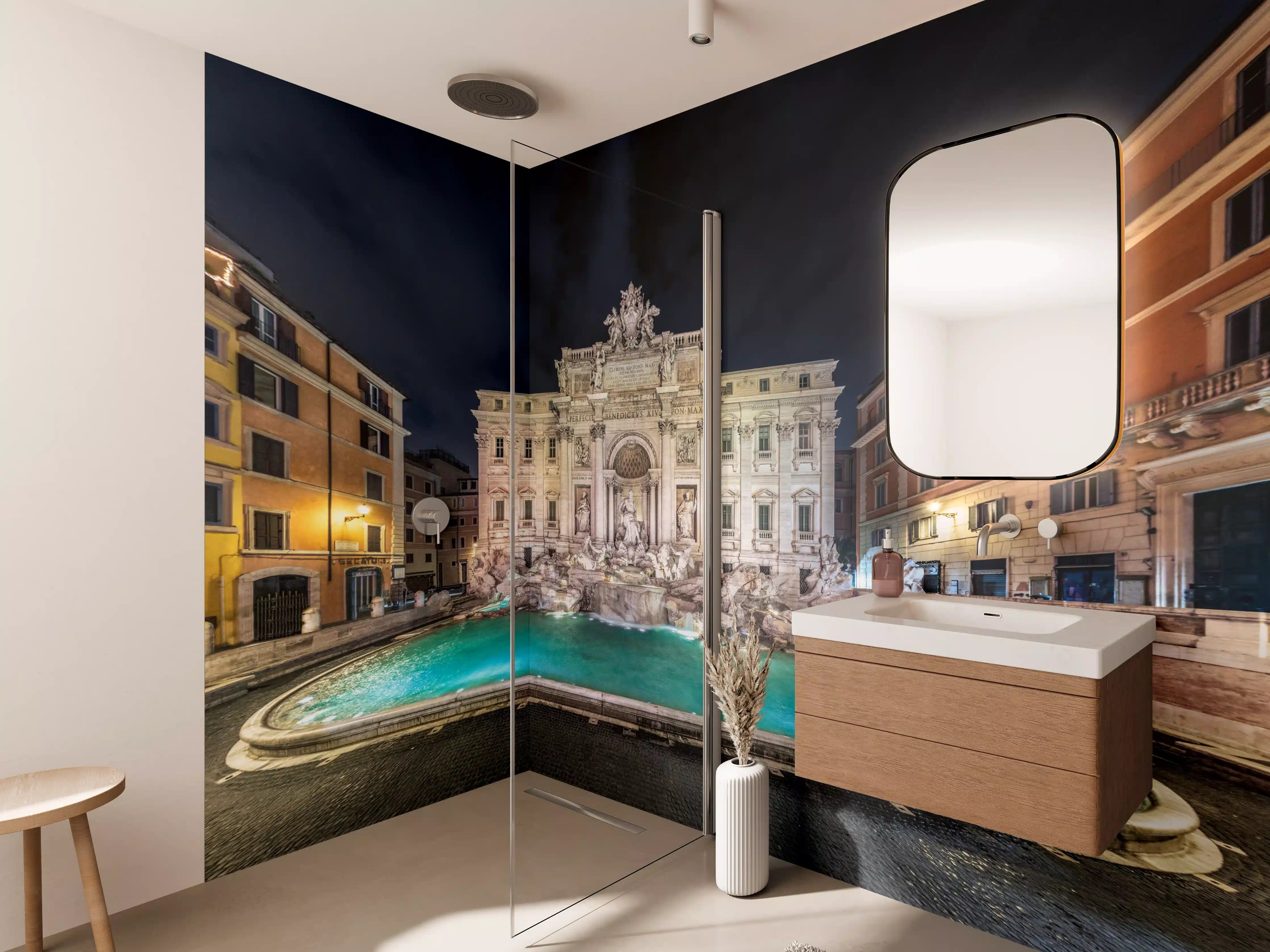 Wandverkleidung Bad - Trevi-Brunnen Nacht Türkis-Beige