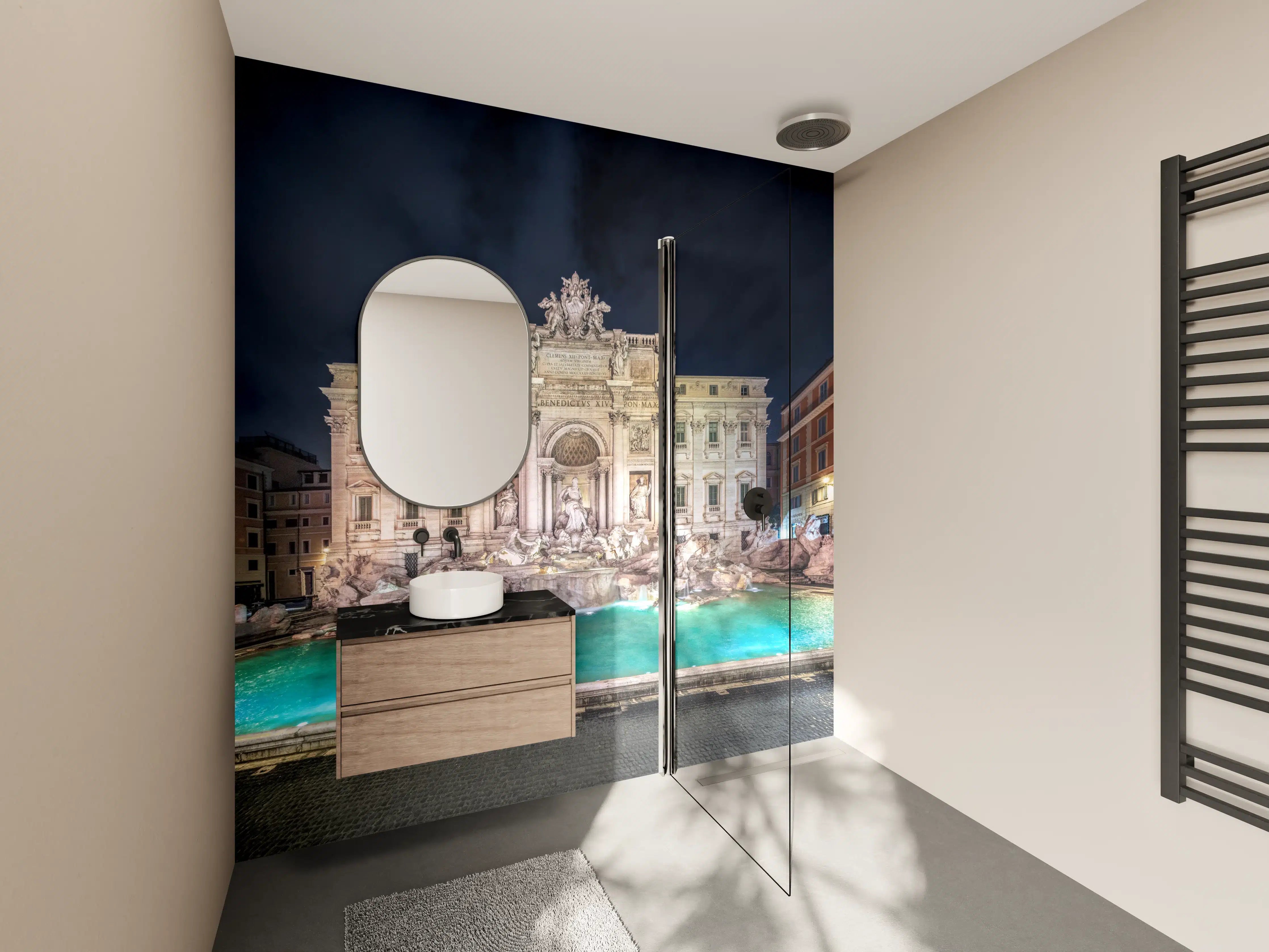 Wandverkleidung Bad - Trevi-Brunnen Nacht Türkis-Beige