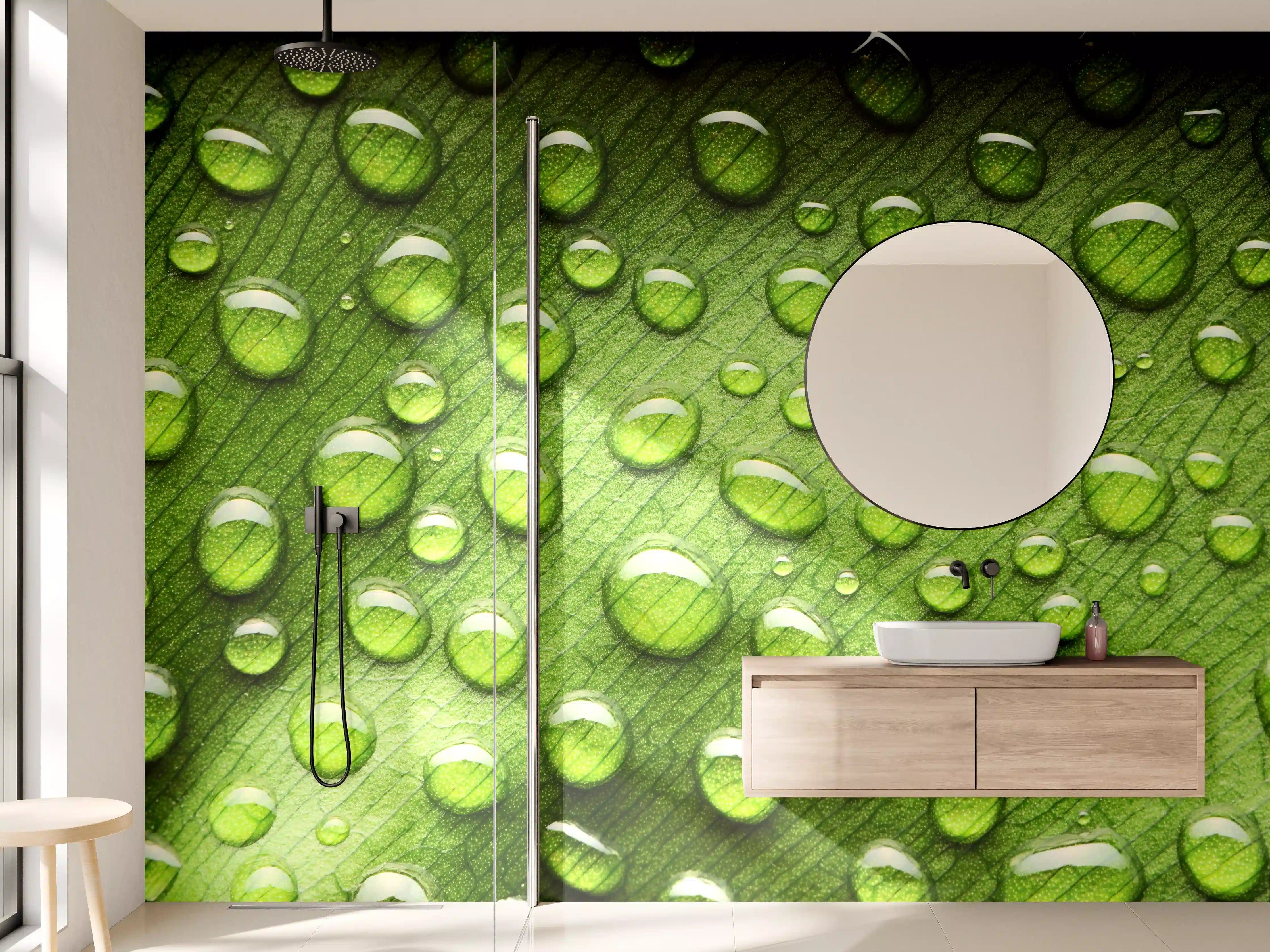 Wandverkleidung Bad - Tropfende Wassertropfen auf grüner Blattoberfläche