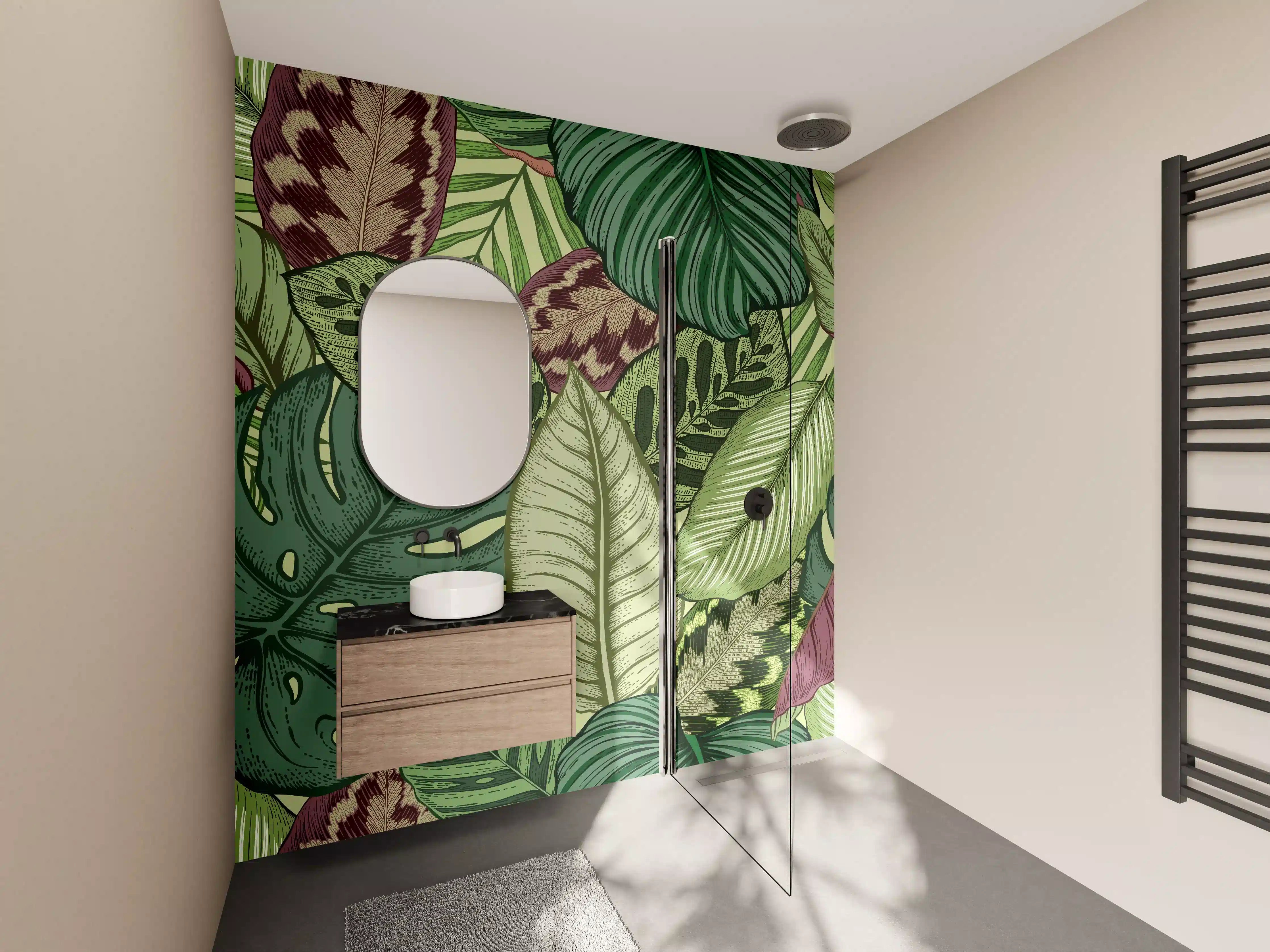 Wandverkleidung Bad - Tropische Blätter Grün-Beige