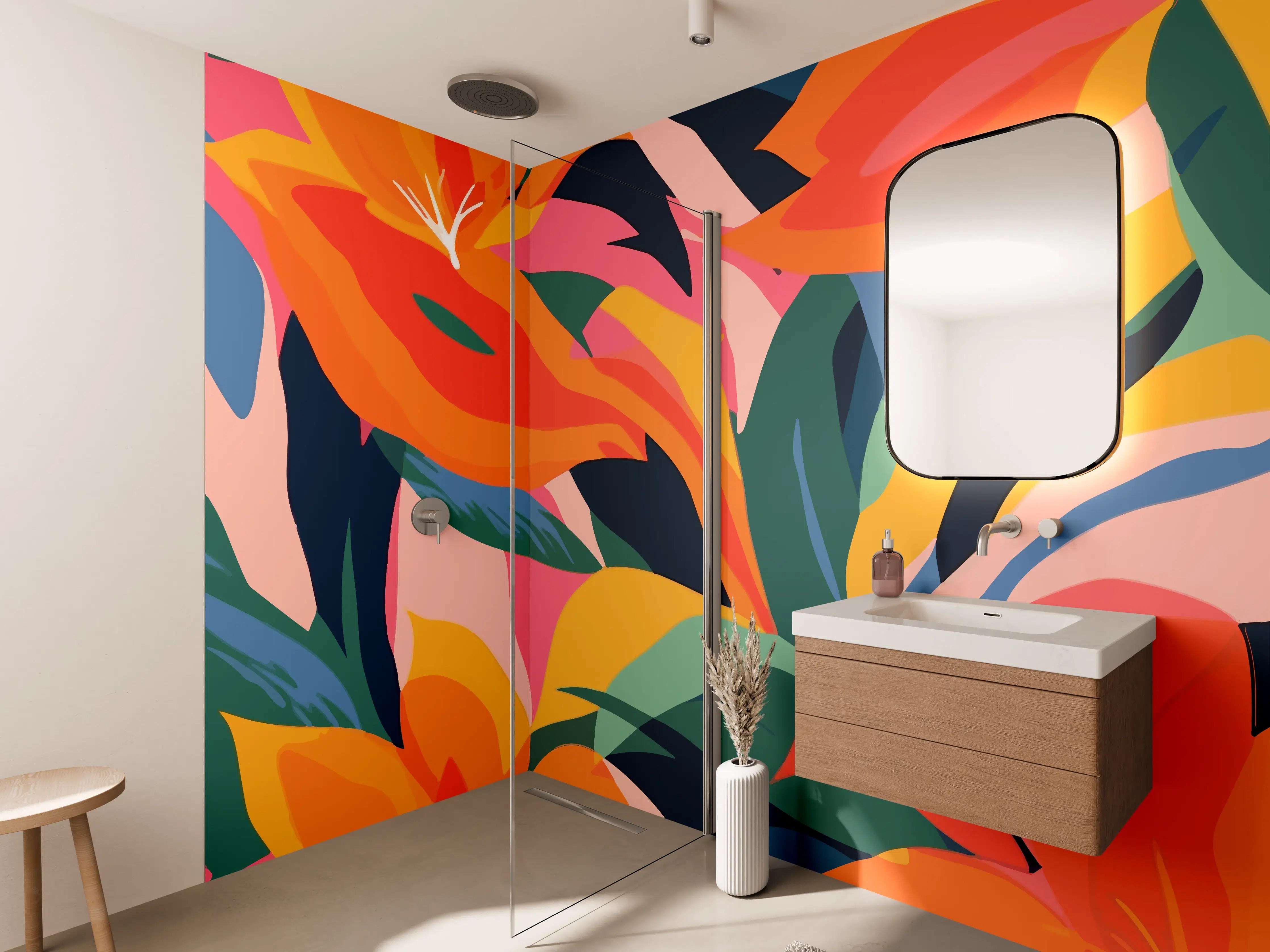 Wandverkleidung Bad - Tropische Bunte Blumenillustration
