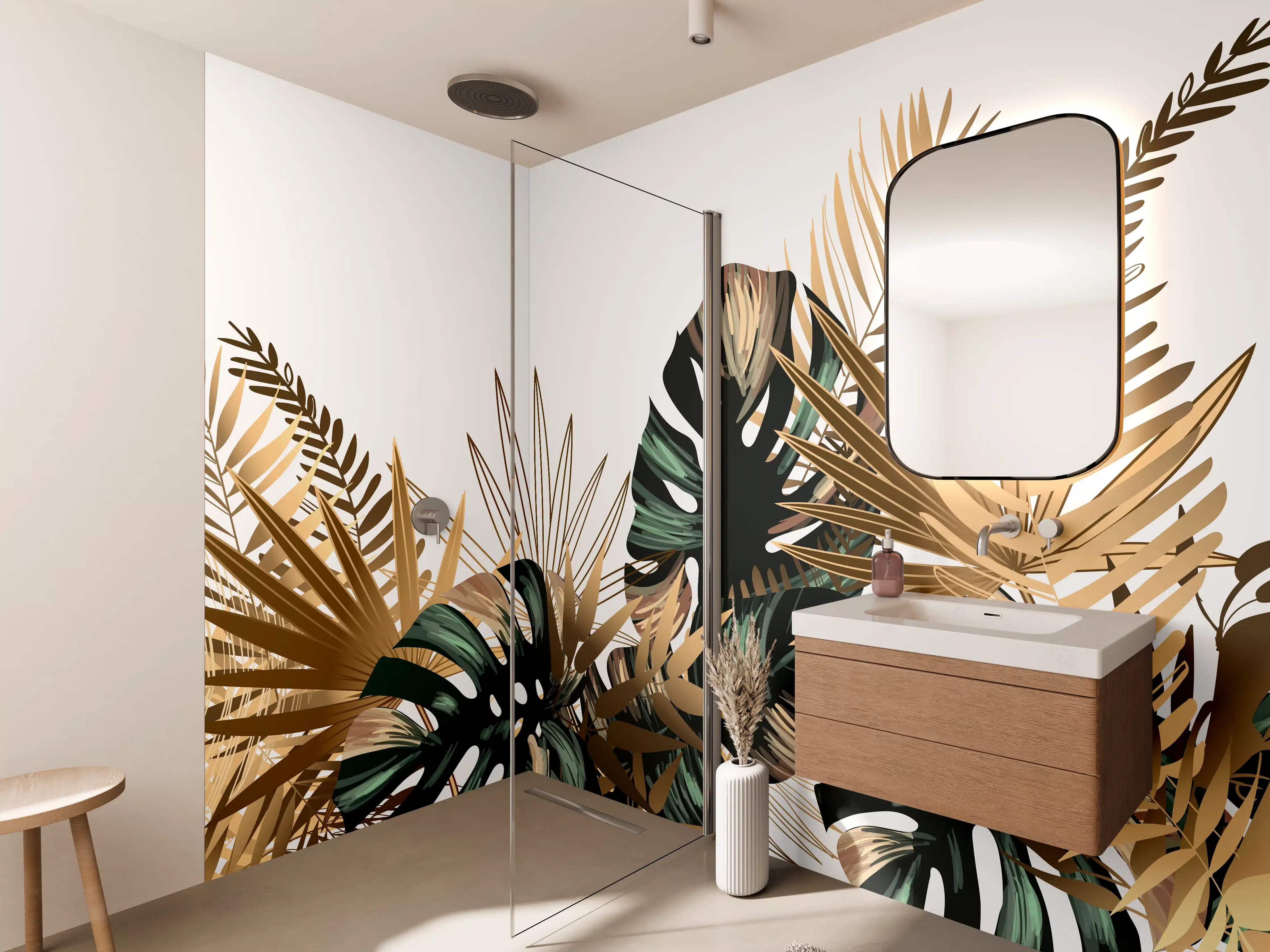 Wandverkleidung Bad - Tropische Gold-Palmen Dekor