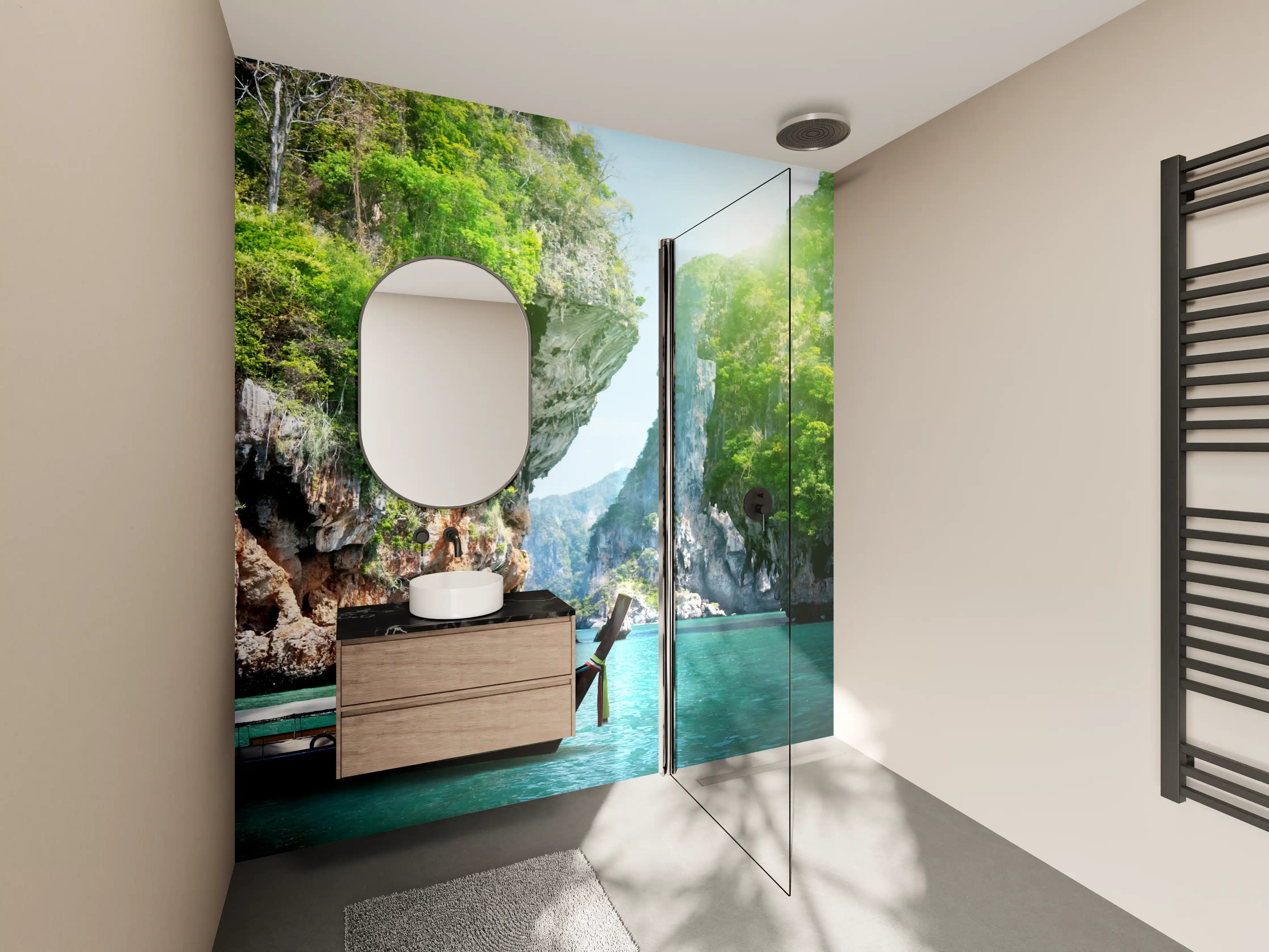 Wandverkleidung Bad - Tropische Insel mit Boot und Felsen