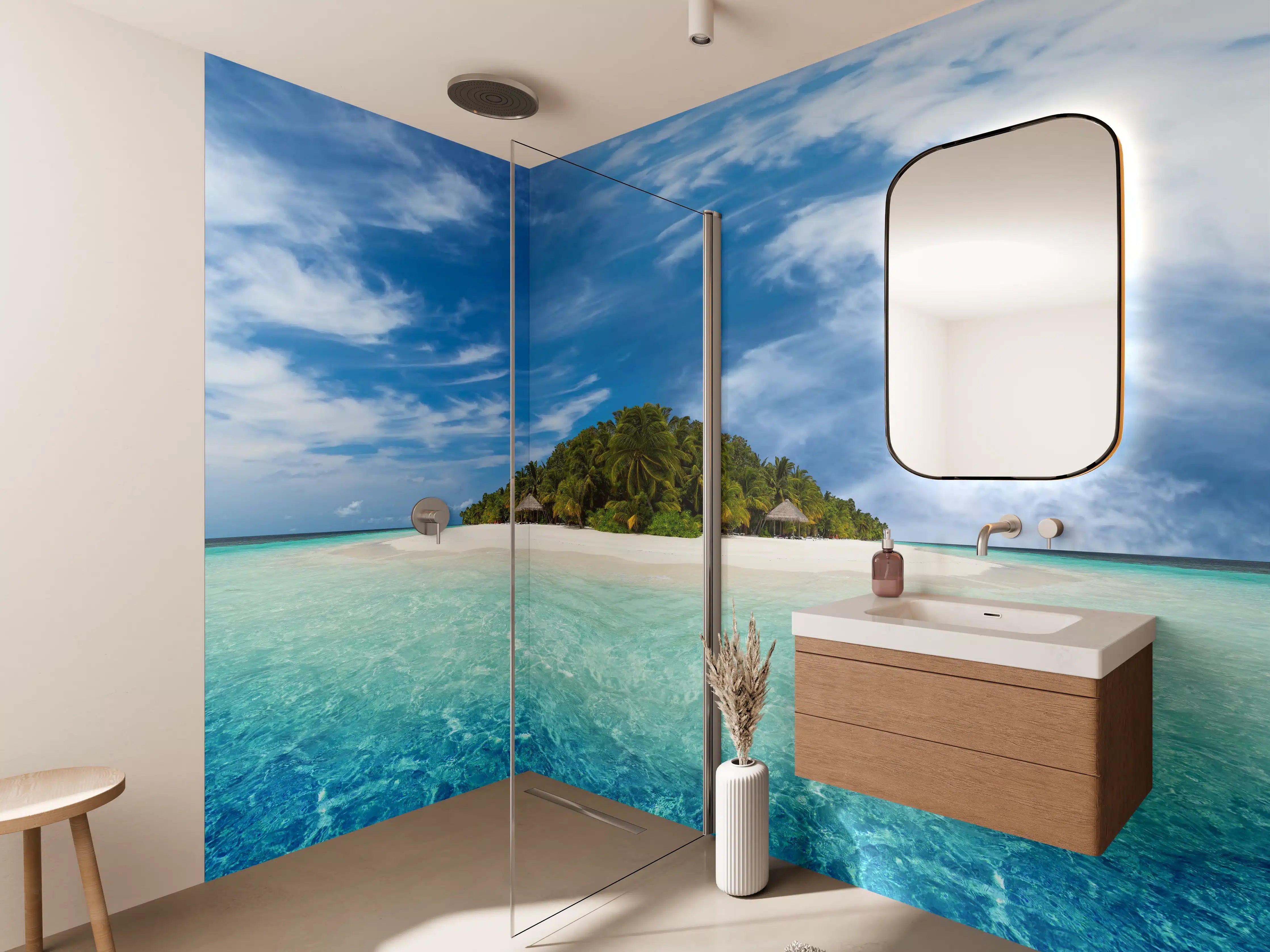 Wandverkleidung Bad - Tropische Insel mit Kokospalmen