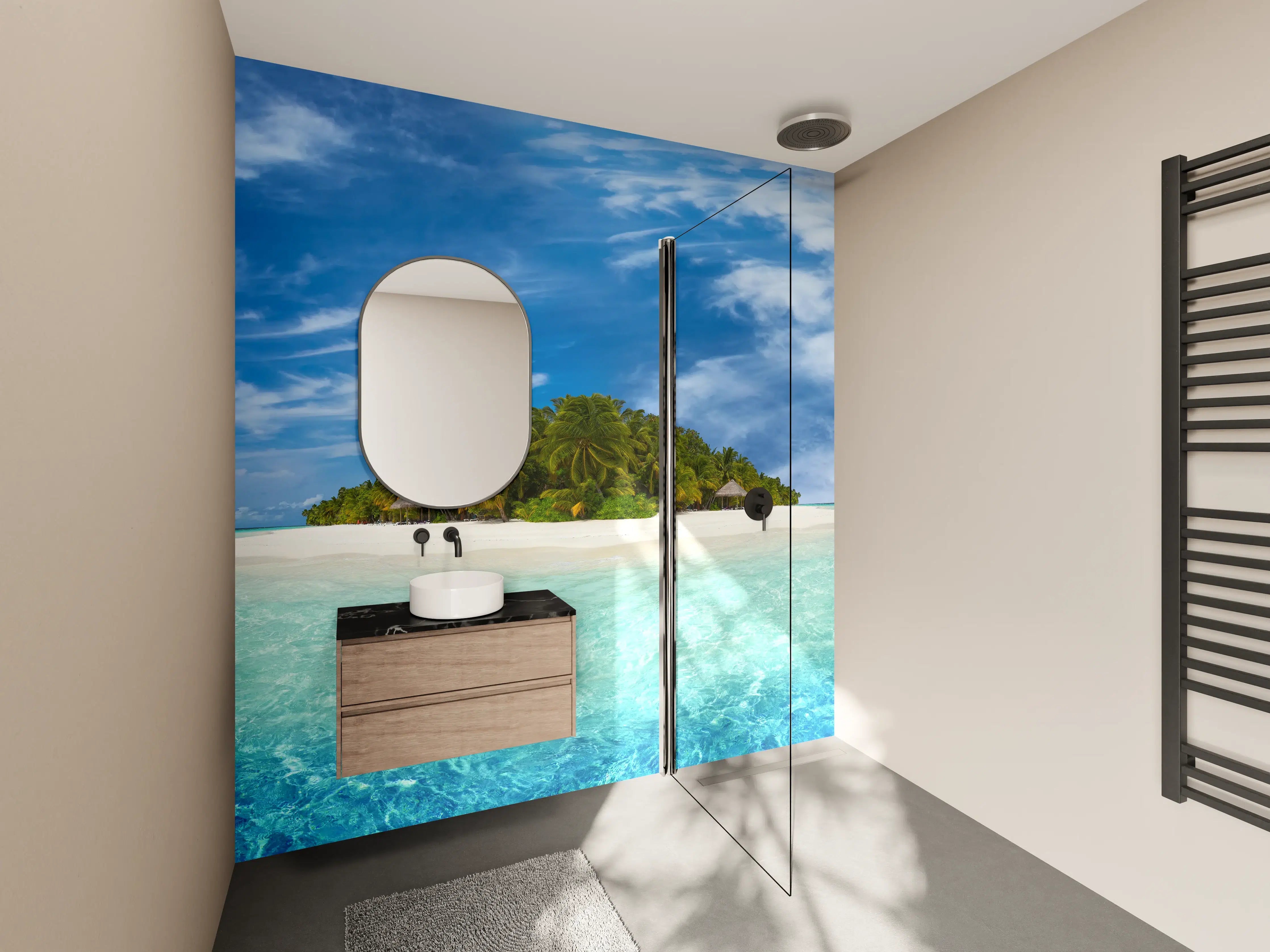 Wandverkleidung Bad - Tropische Insel mit Kokospalmen