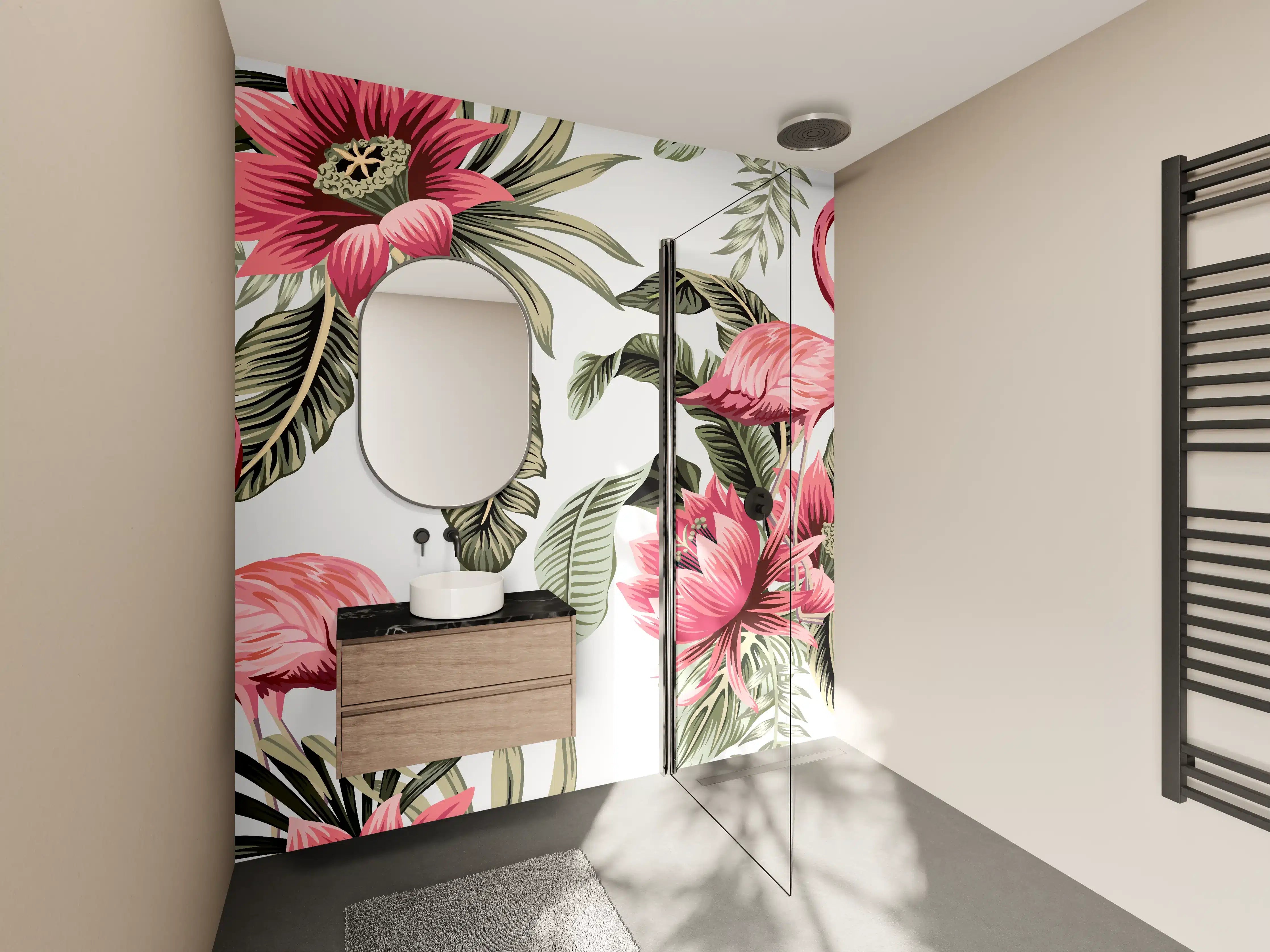 Wandverkleidung Bad - Tropischer Flamingo-Blumen-Print